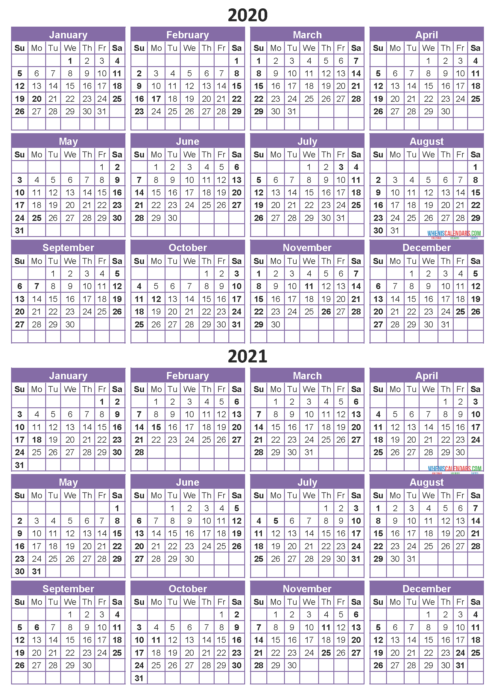 Printable Calendar 2020 2021 Two Year Per Page Free PDF, Word