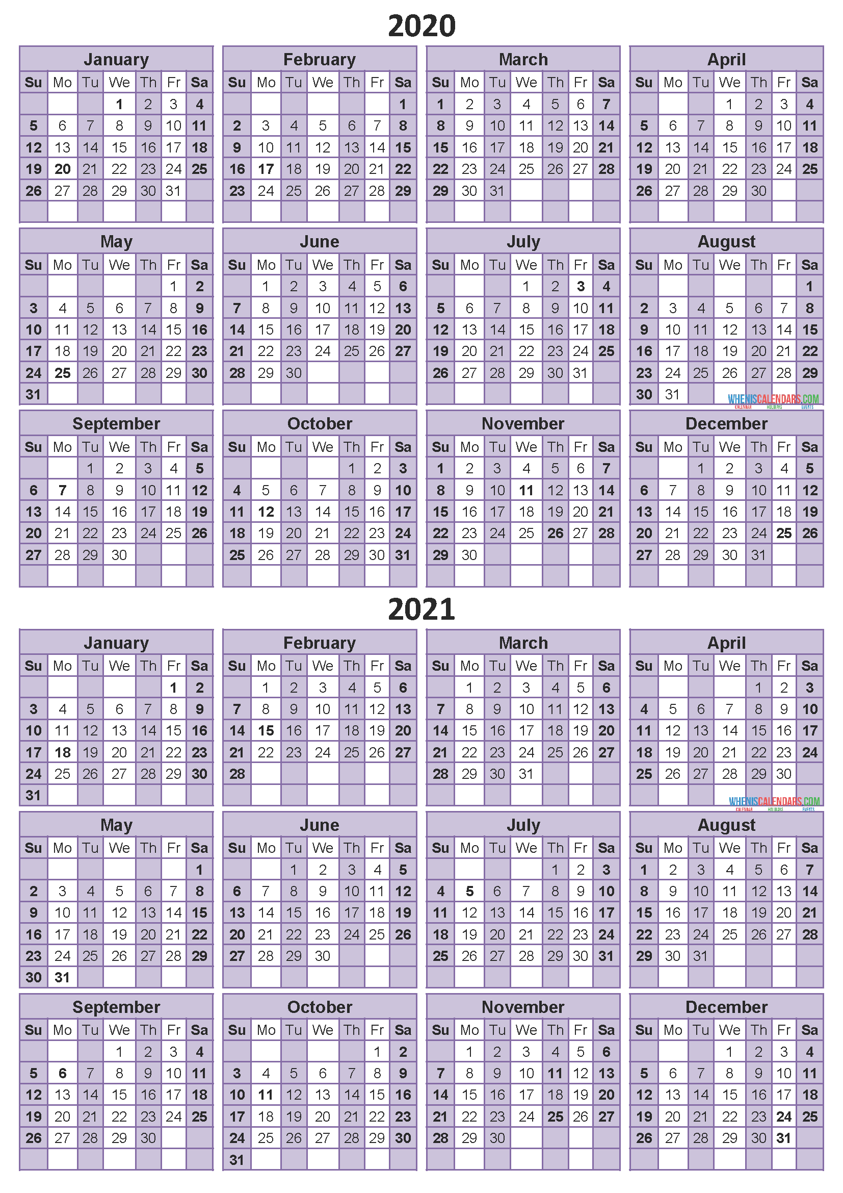 2020 and 2021 Calendar Printable with Holidays Free Download
