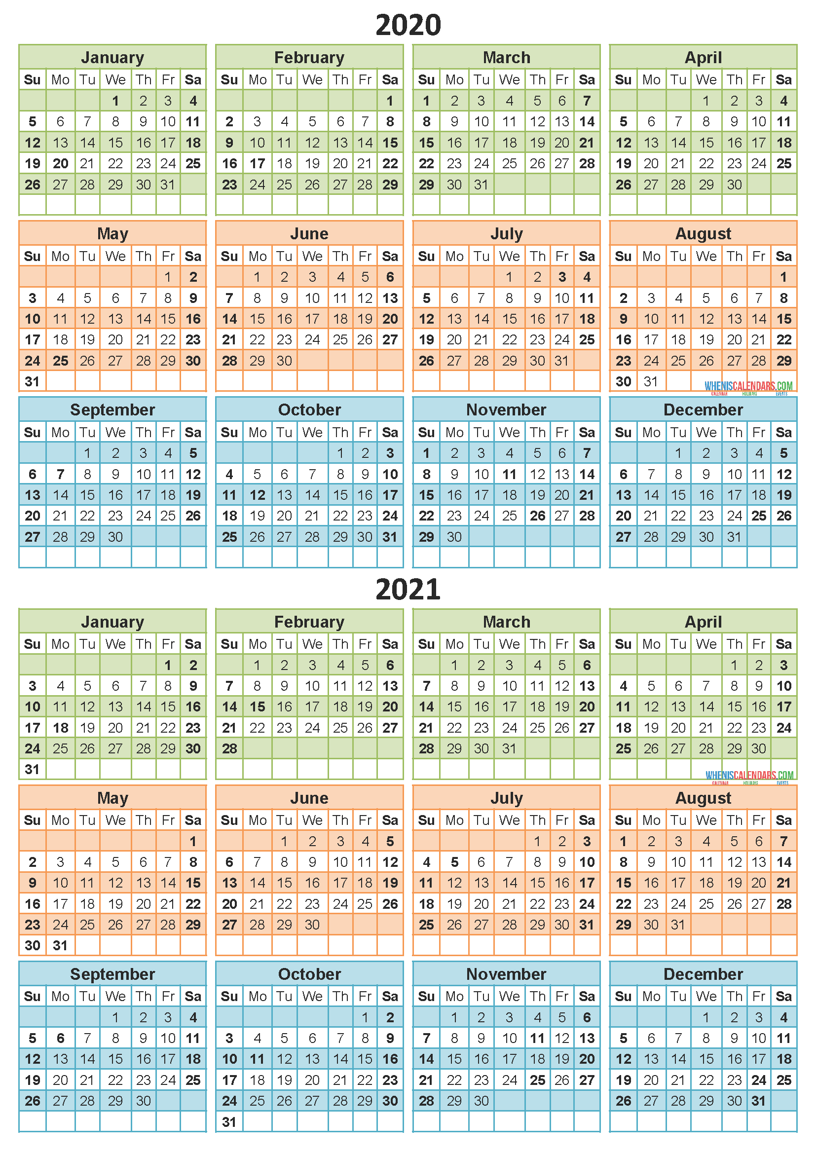 2020 and 2021 Calendar Printable with Holidays Free Download