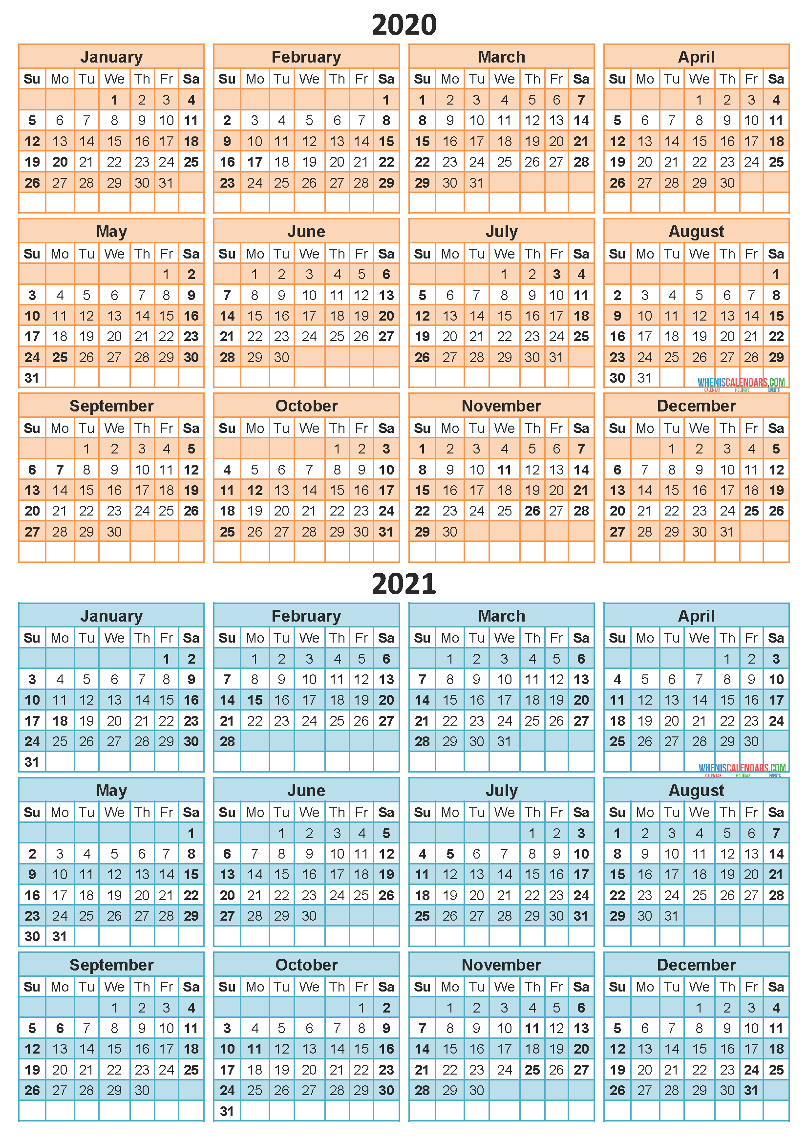 2020 and 2021 Monthly Calendar Printable Free Download