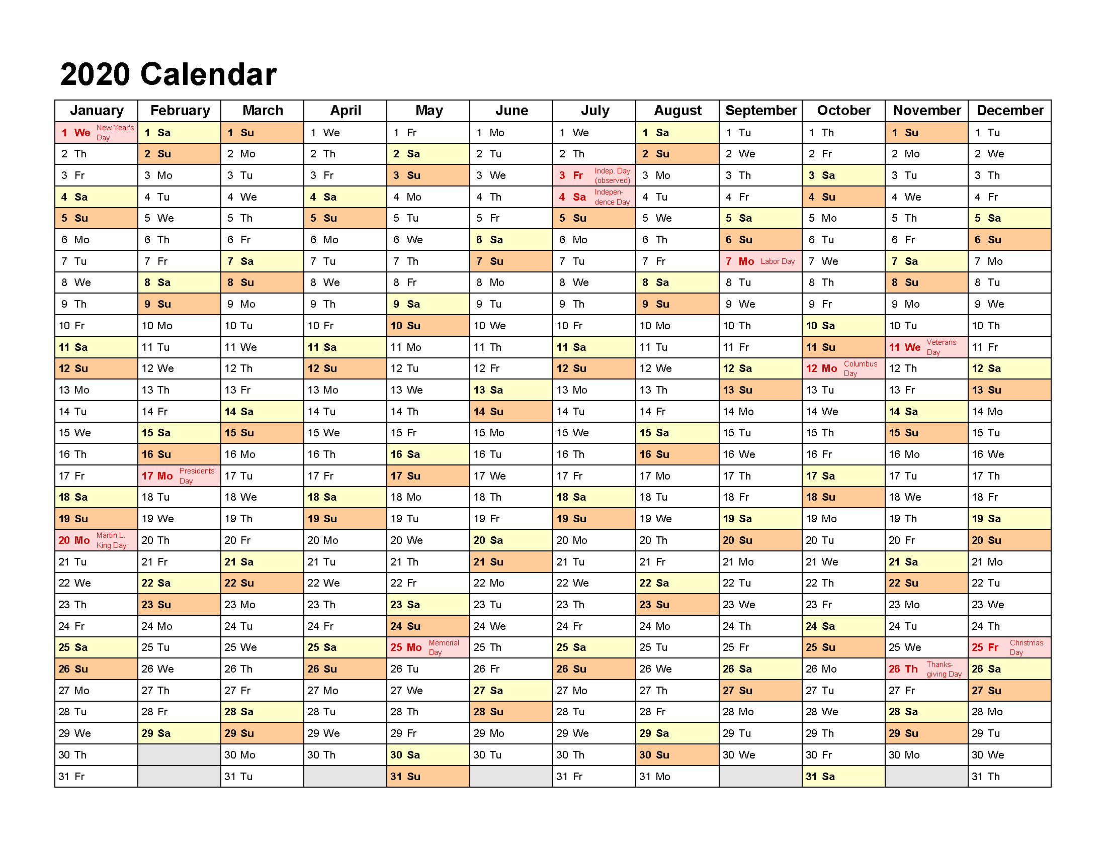 Free Printable 2020 Yearly Calendar with Holidays Landscape