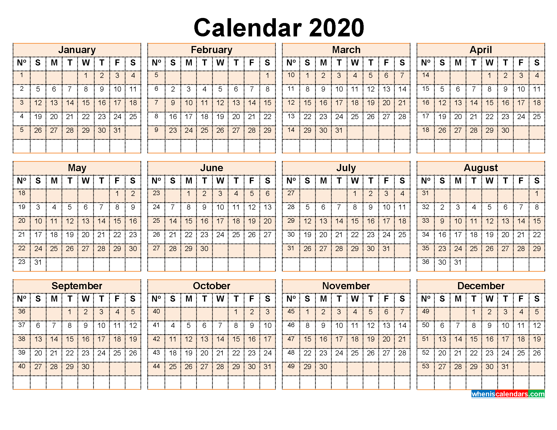 2020 Calendar with Week Numbers Printable Word, PDF