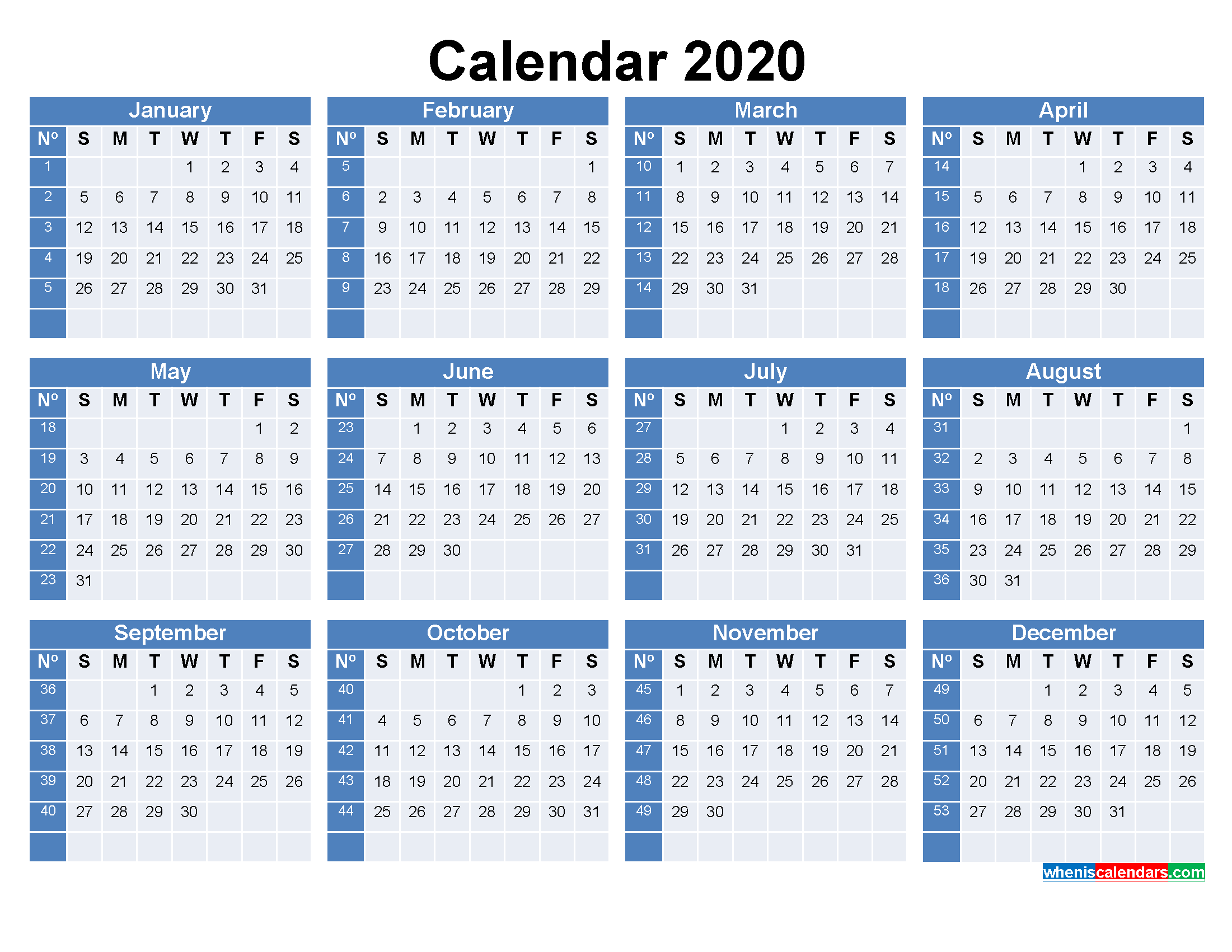 Printable Calendar with Week Numbers 2020 Word, PDF
