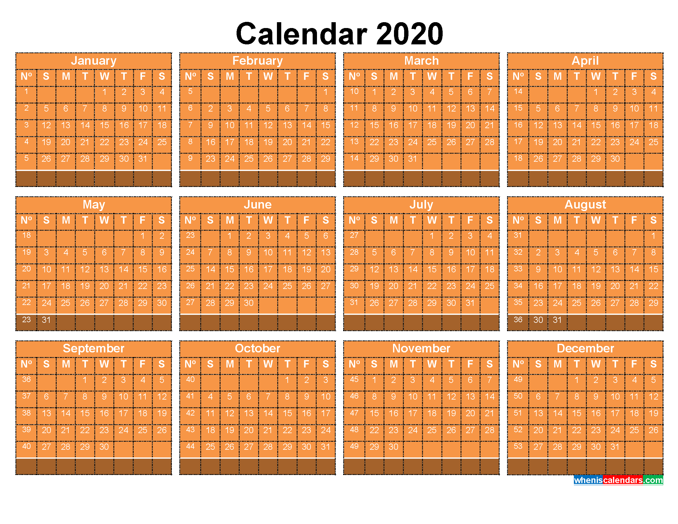 2020 Calendar with Week Numbers Printable Word, PDF