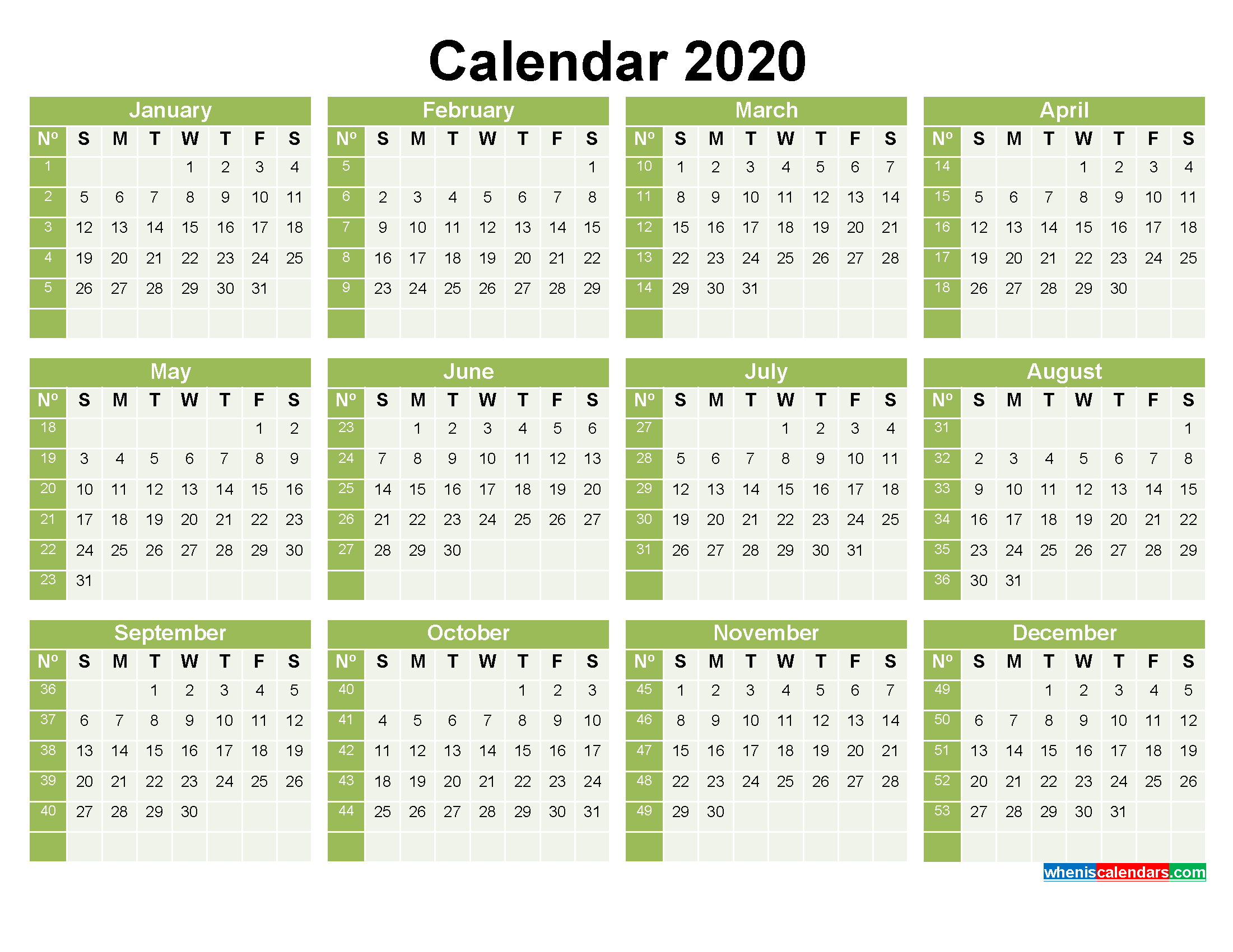 Printable Yearly Calendar 2020 with Week Numbers