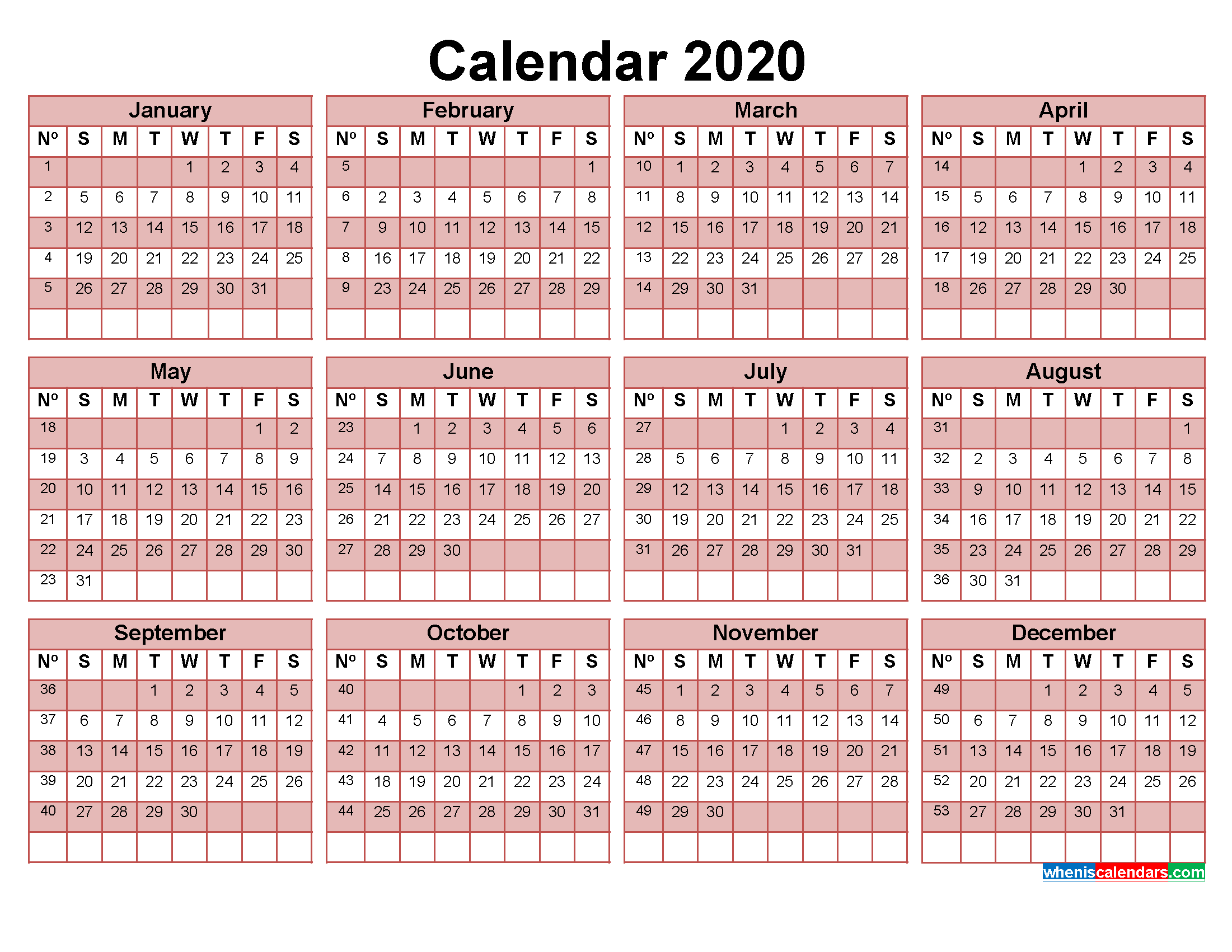 Free 2020 Calendar with Week Numbers Printable