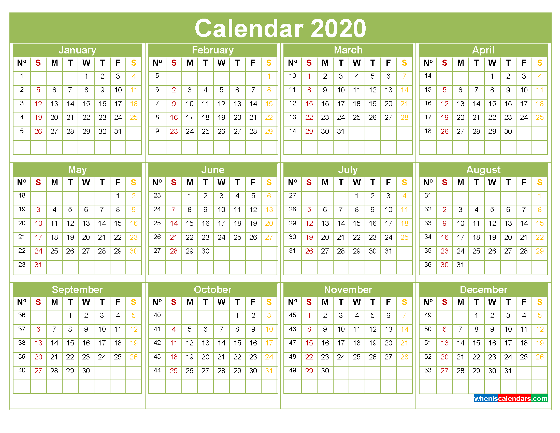 Free 2020 Calendar with Week Numbers Printable