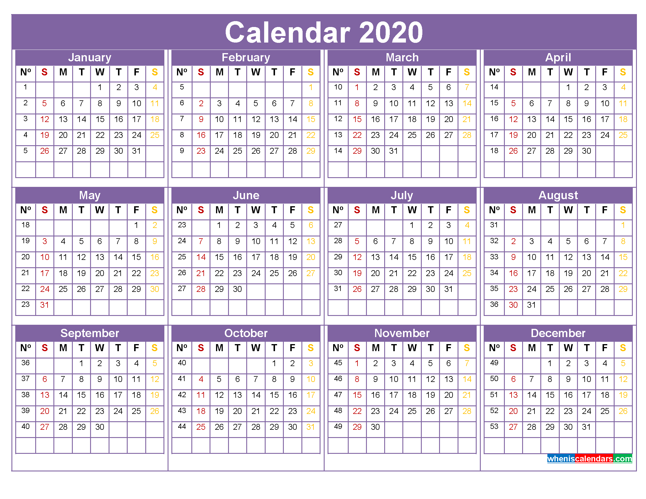 Free Printable Calendar with Week Numbers 2020