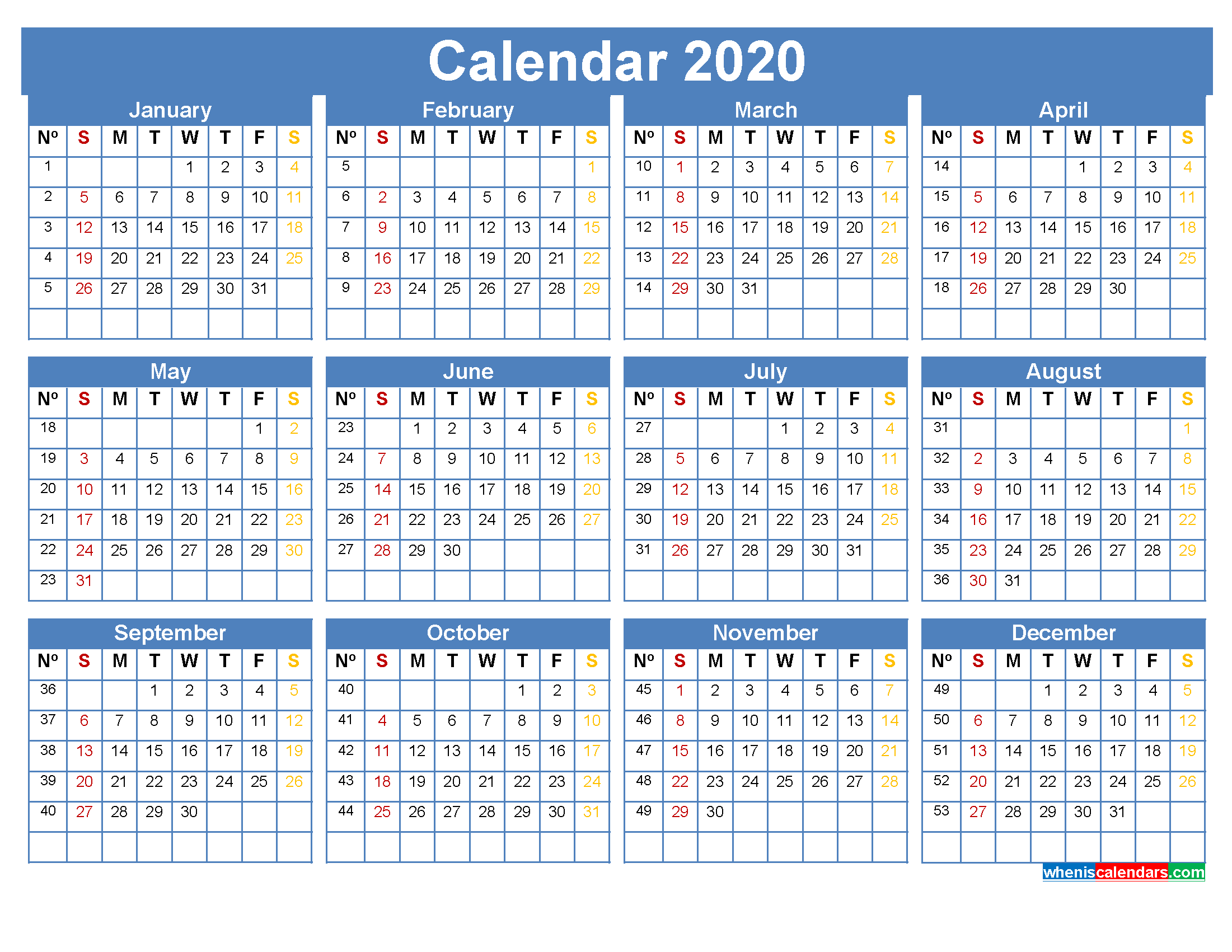 Free Printable Calendar with Week Numbers 2020