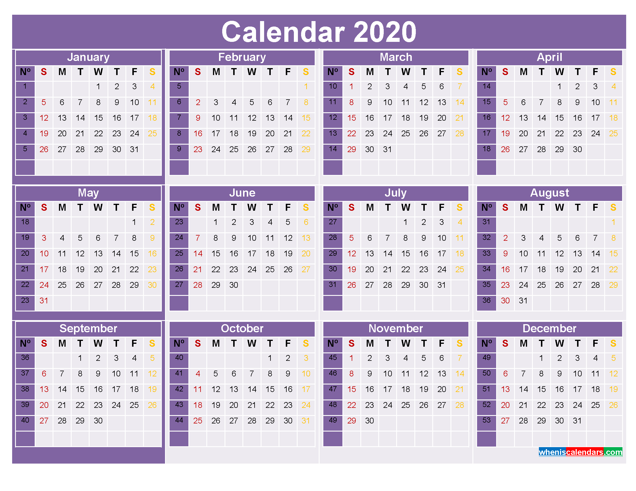 Printable Calendar with Week Numbers 2020 Word, PDF