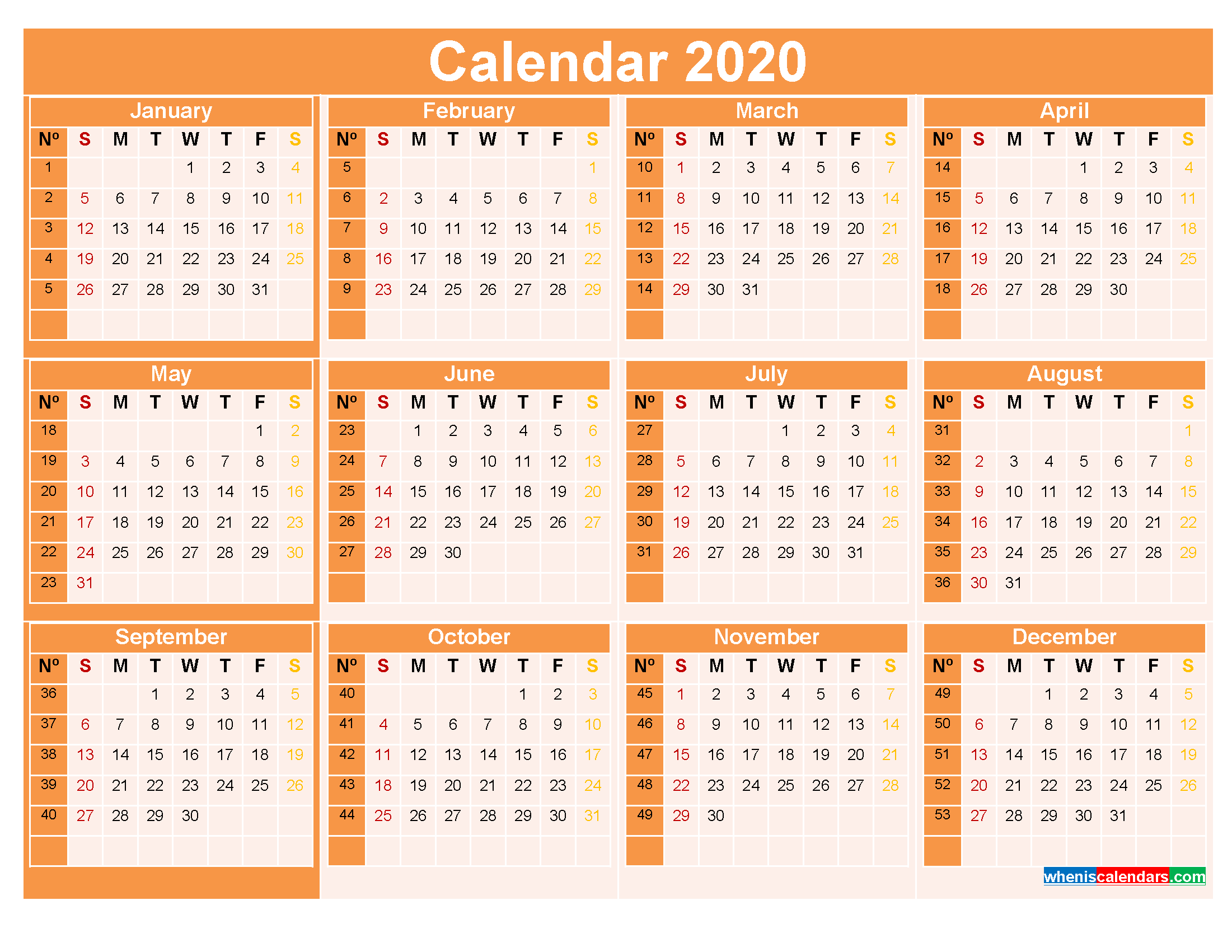 Printable Yearly Calendar 2020 with Week Numbers