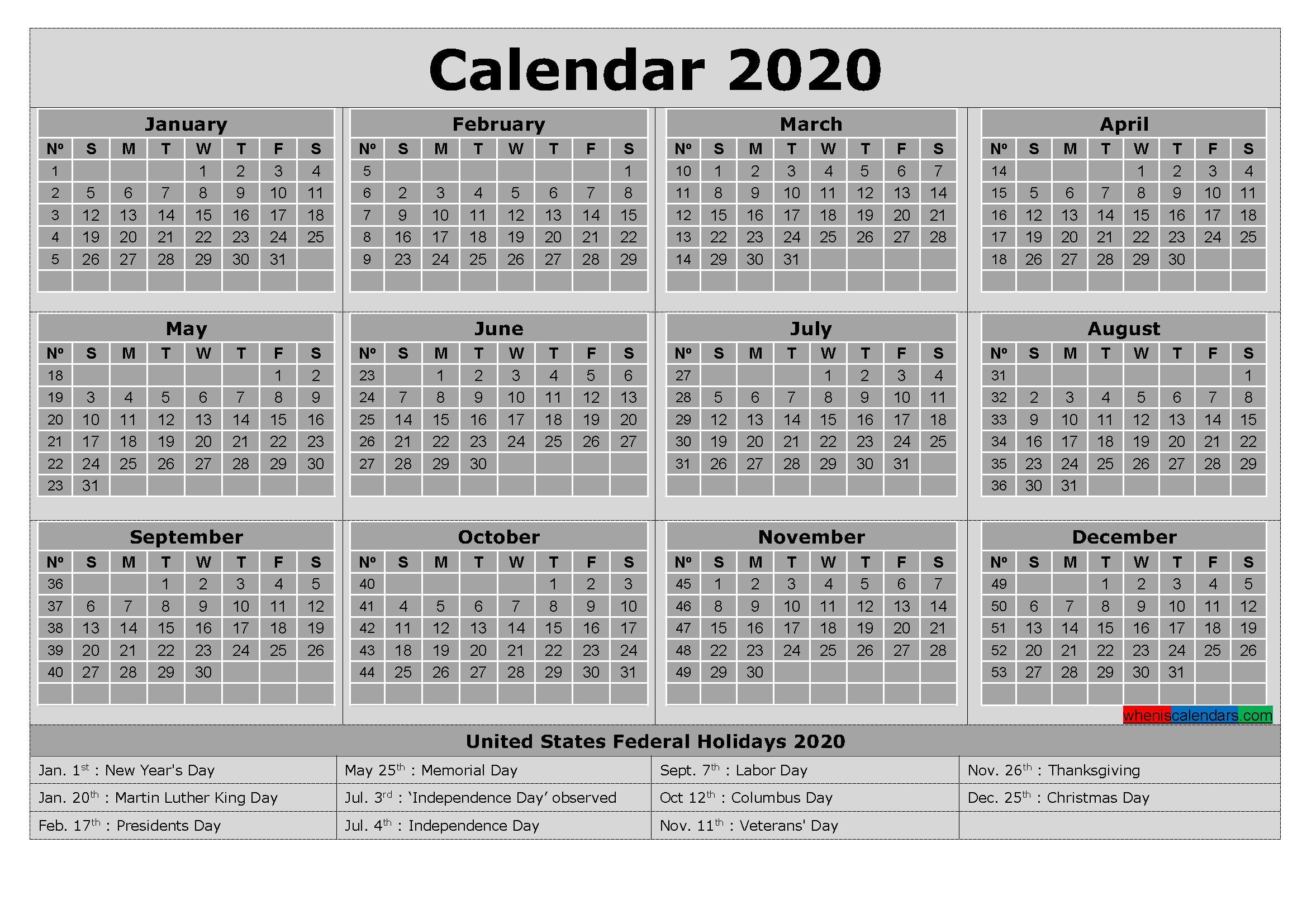 Free Printable Calendar With Holidays 2020 Word Pdf - Riset