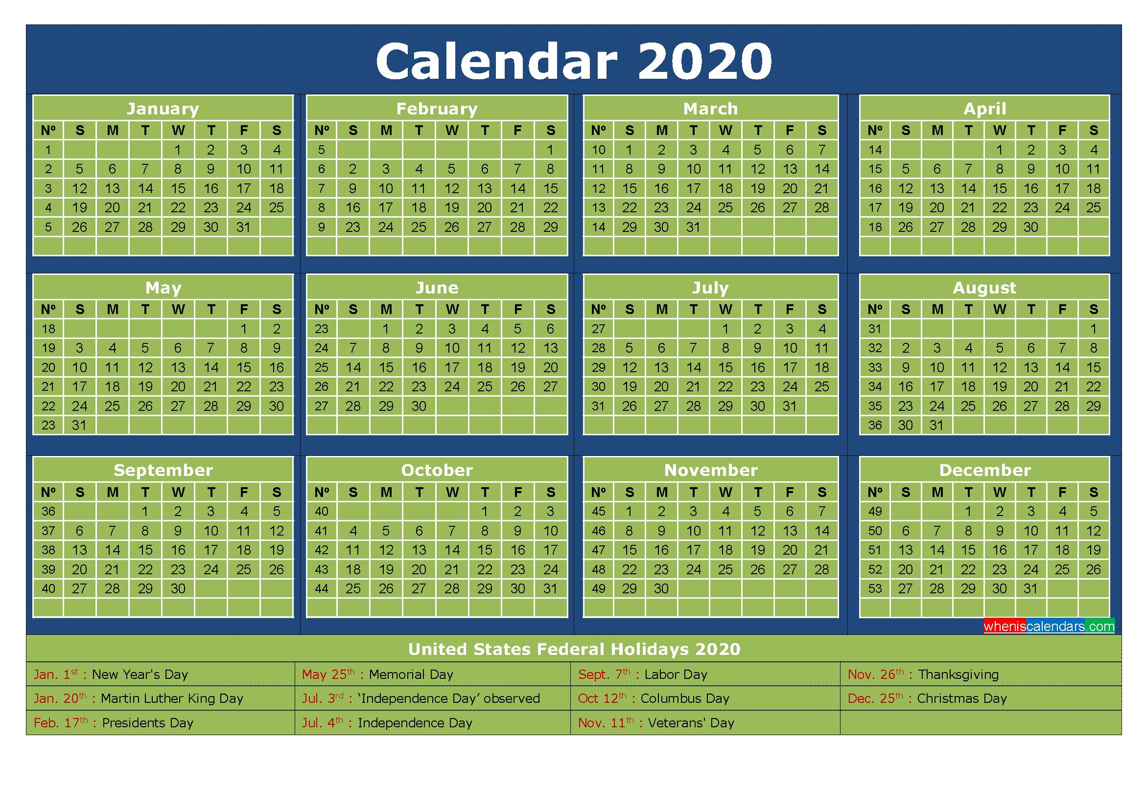 2020 Free Printable Calendar with Holidays Word, PDF