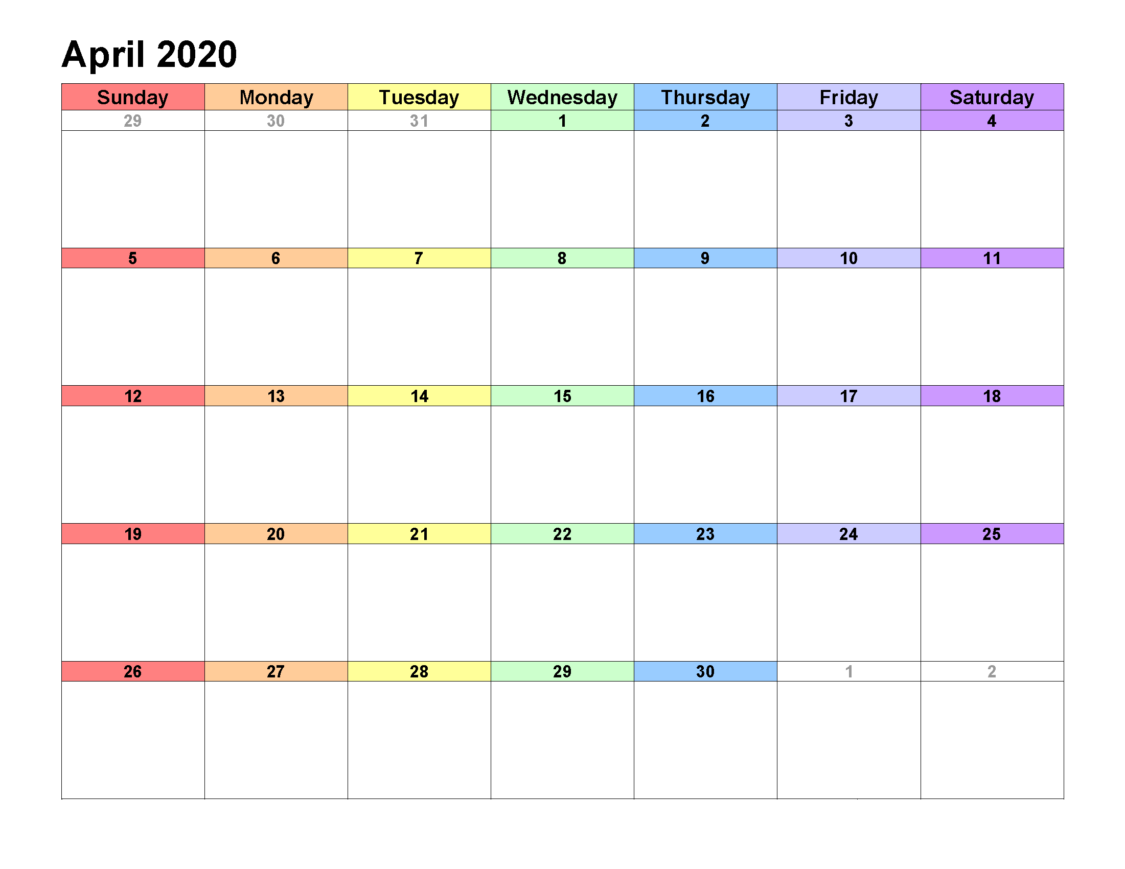 Printable Calendar Template April 2020 Calendar landscape