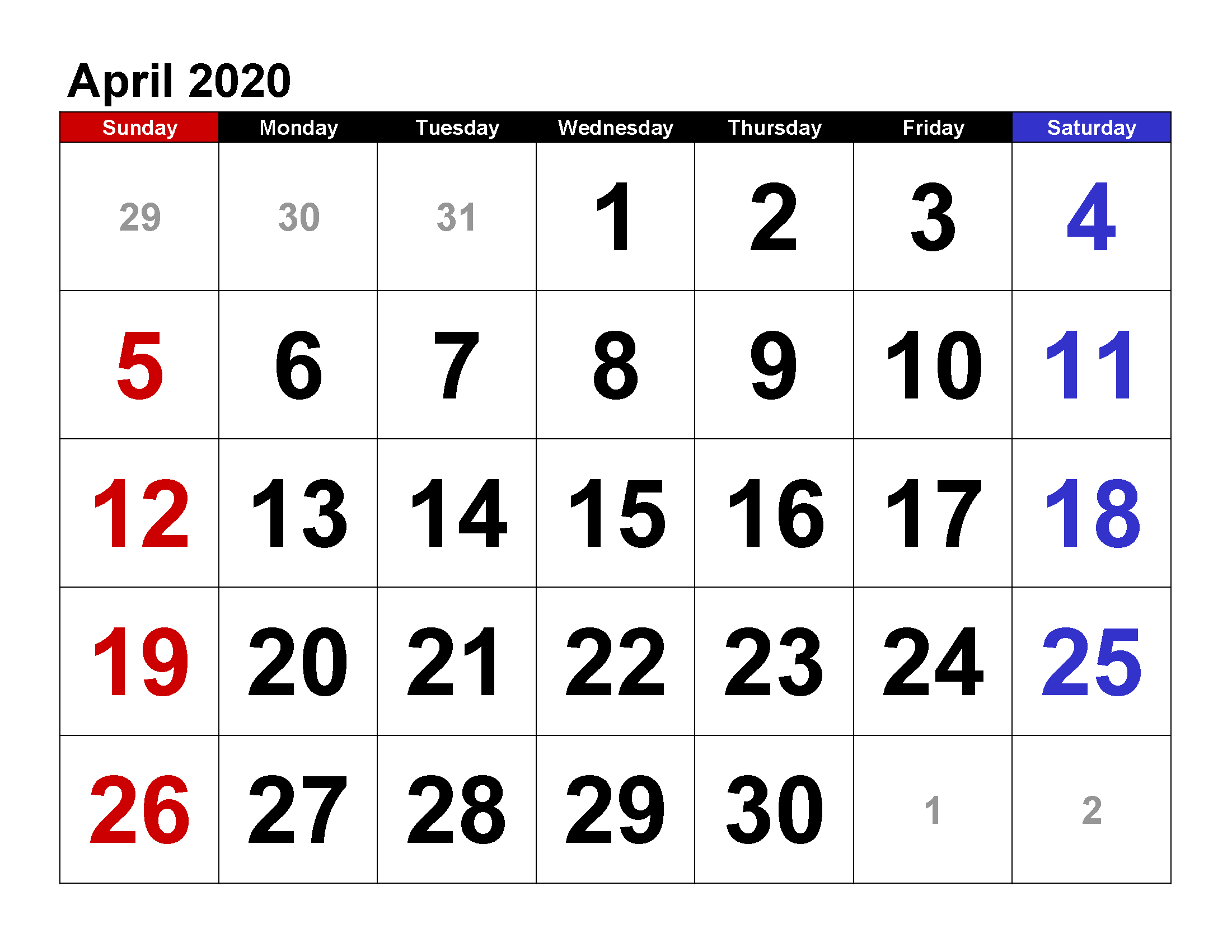 Printable Calendar Template April 2020 Calendar large numerals