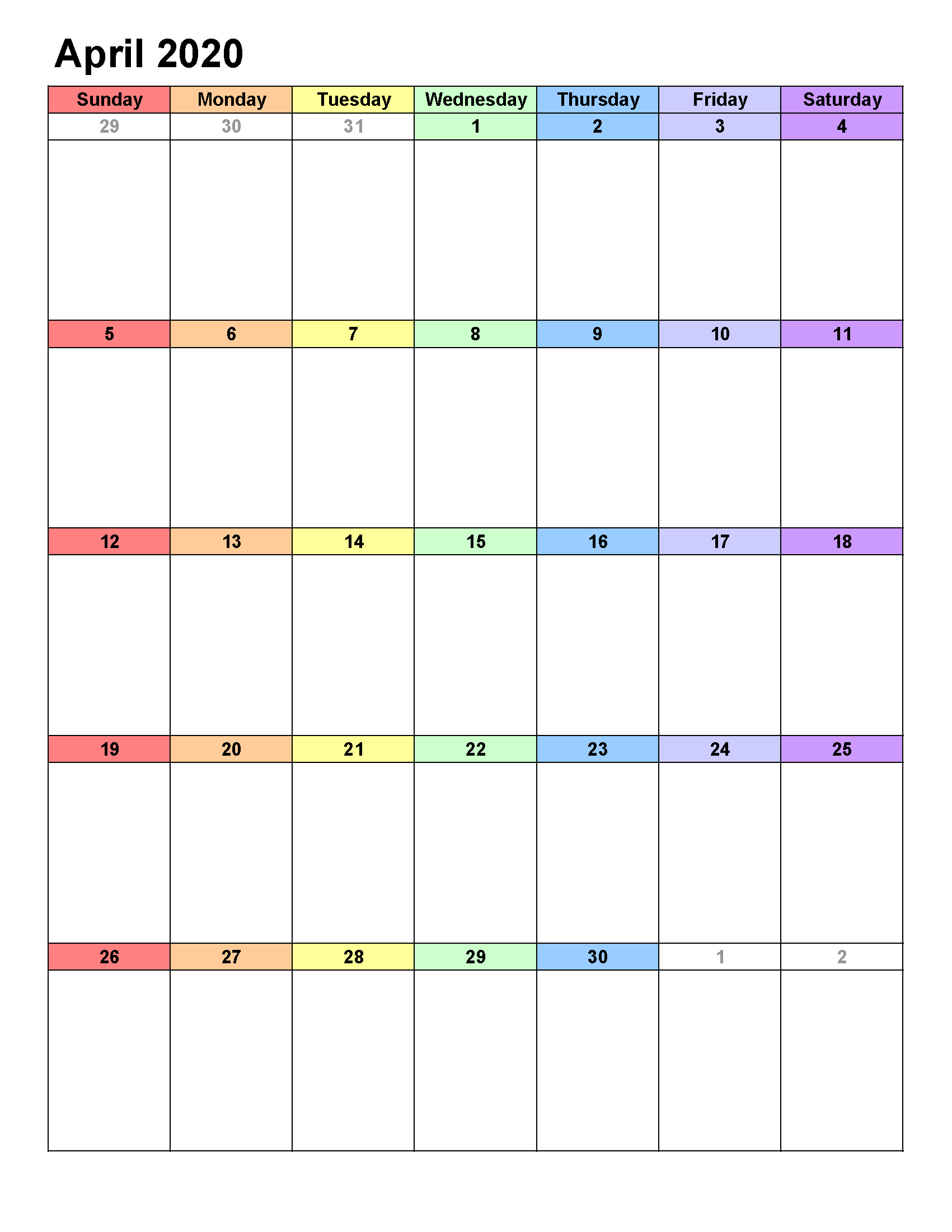 Printable Calendar Template April 2020 Calendar portrait