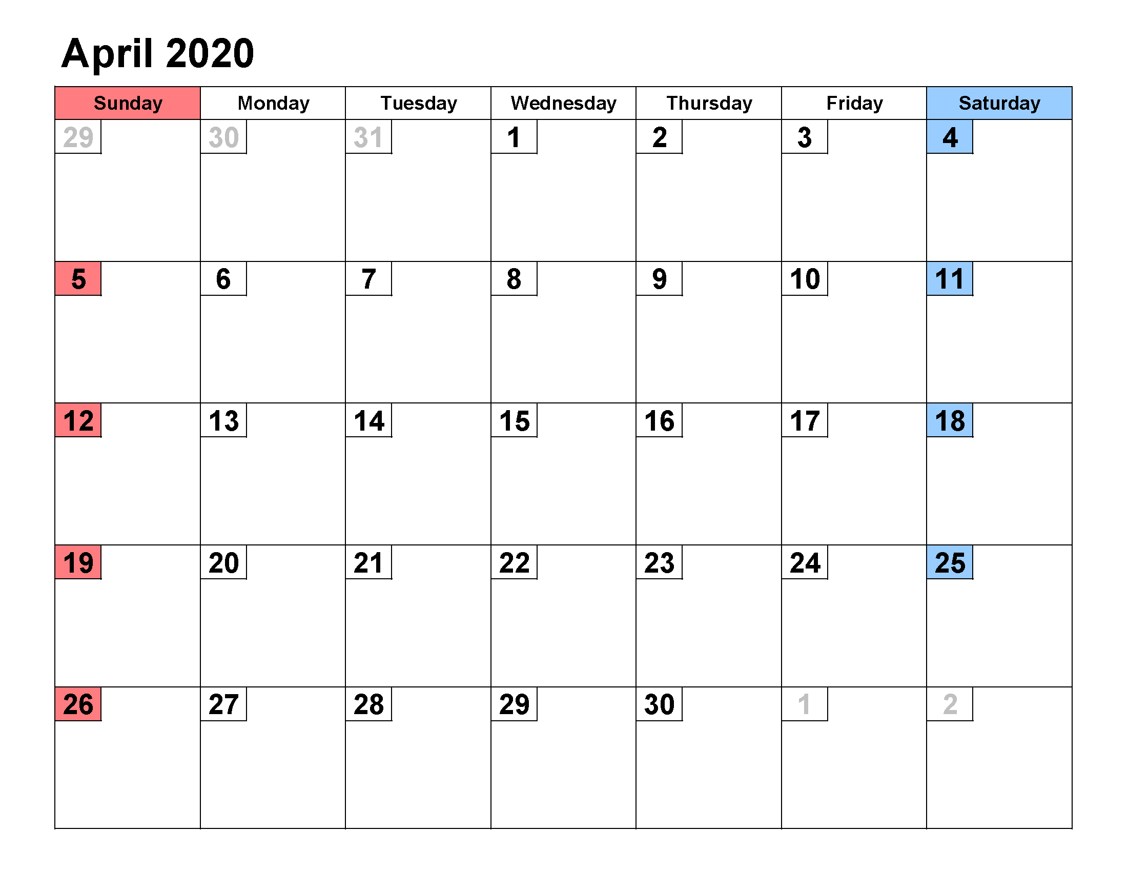 Printable Calendar Template April 2020 Calendar small numerals