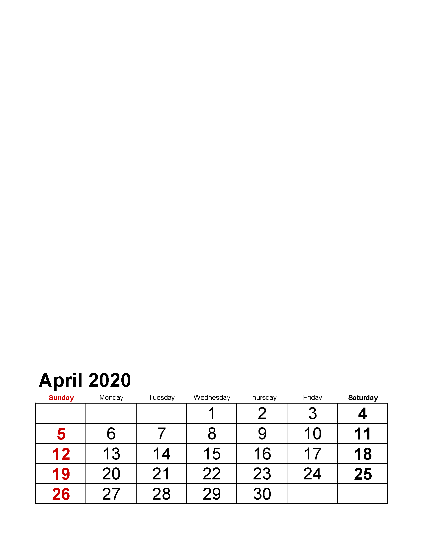 Printable April 2020 Photo Calendar with Holidays Large Numerals