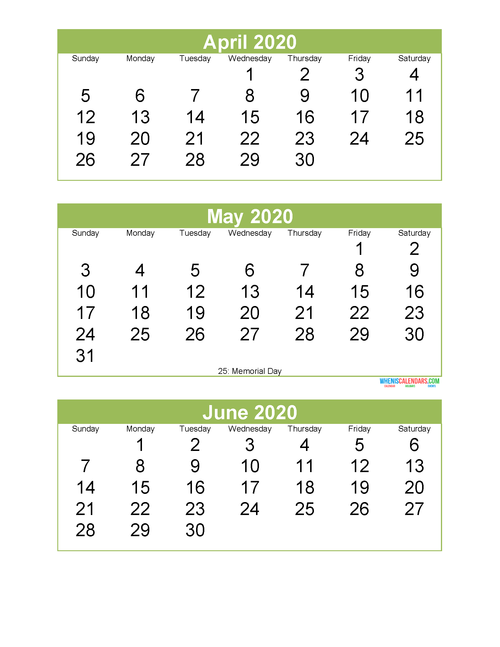 Free Printable 3 Month Calendar 2020 April May June