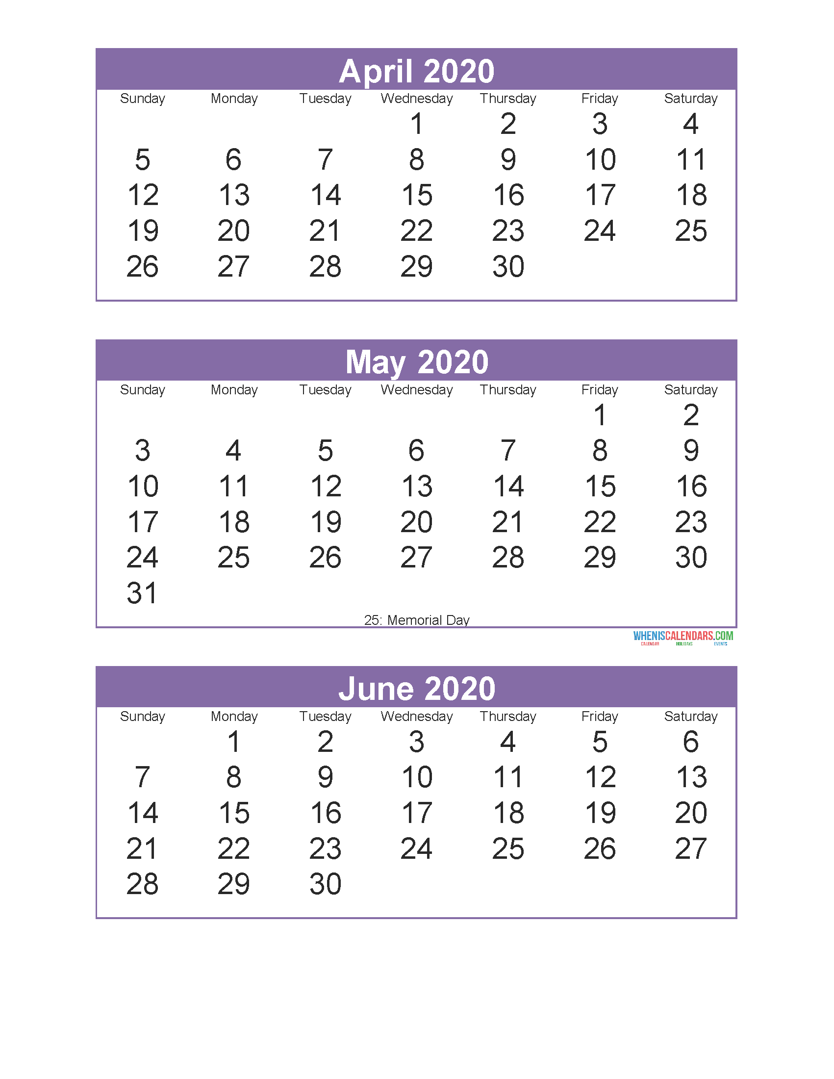 April May June 2020 Calendar 3 Months Per Page Printable