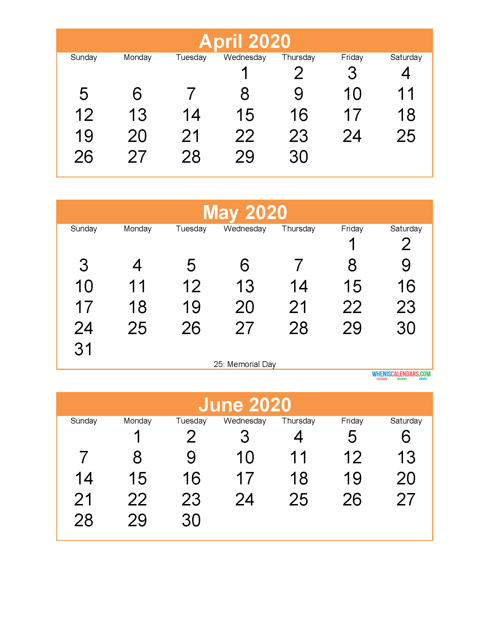 Free Printable 3 Month Calendar 2020 April May June