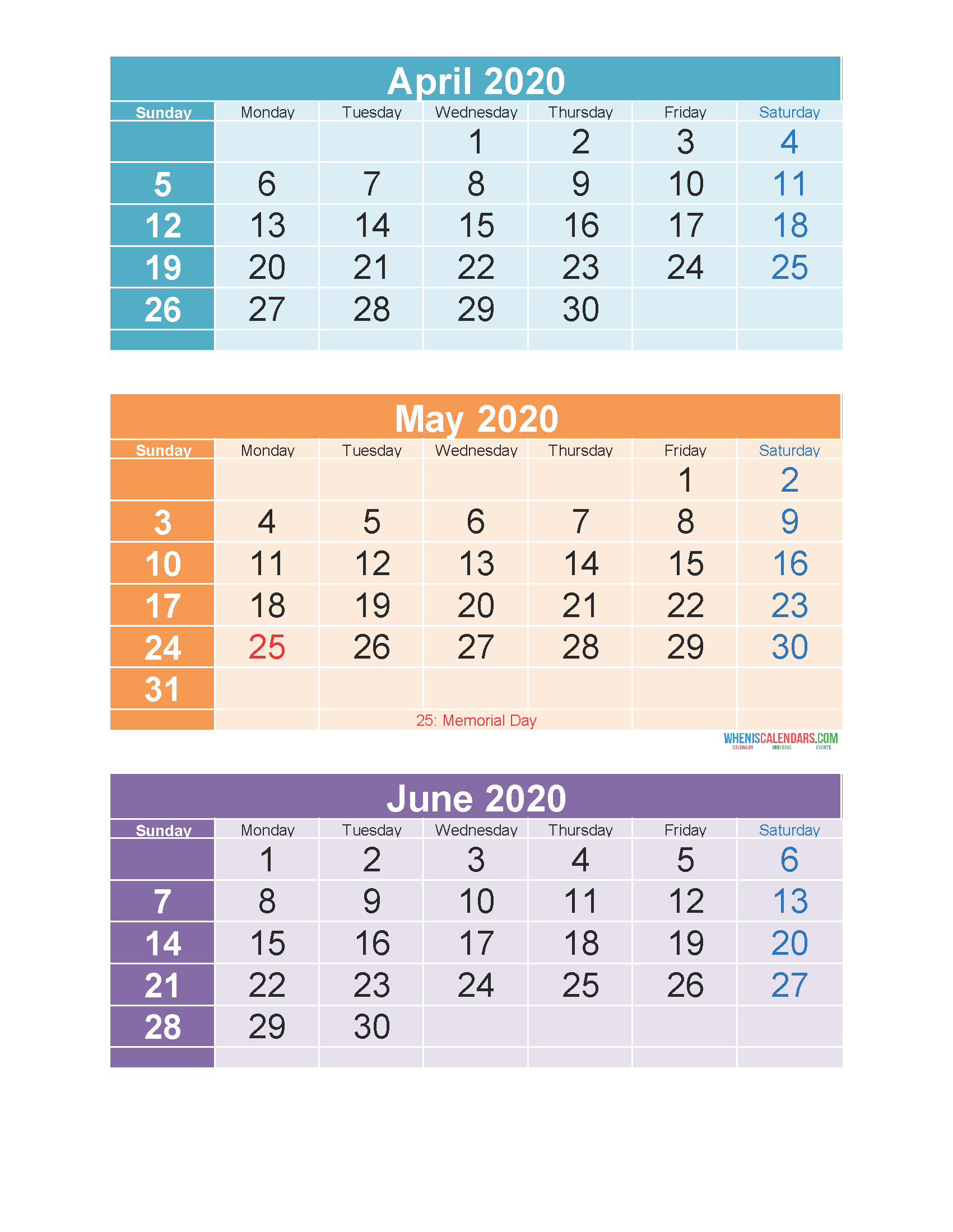 Printable Calendar April May June 2020 3 Months Per Page