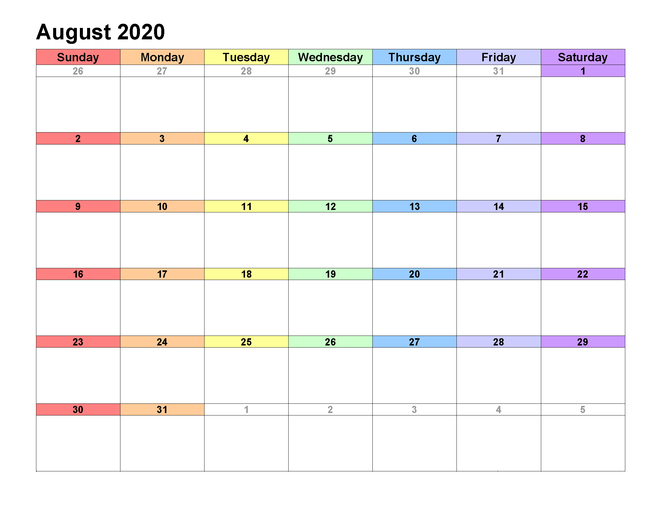Printable Calendar Template August 2020 Calendar landscape