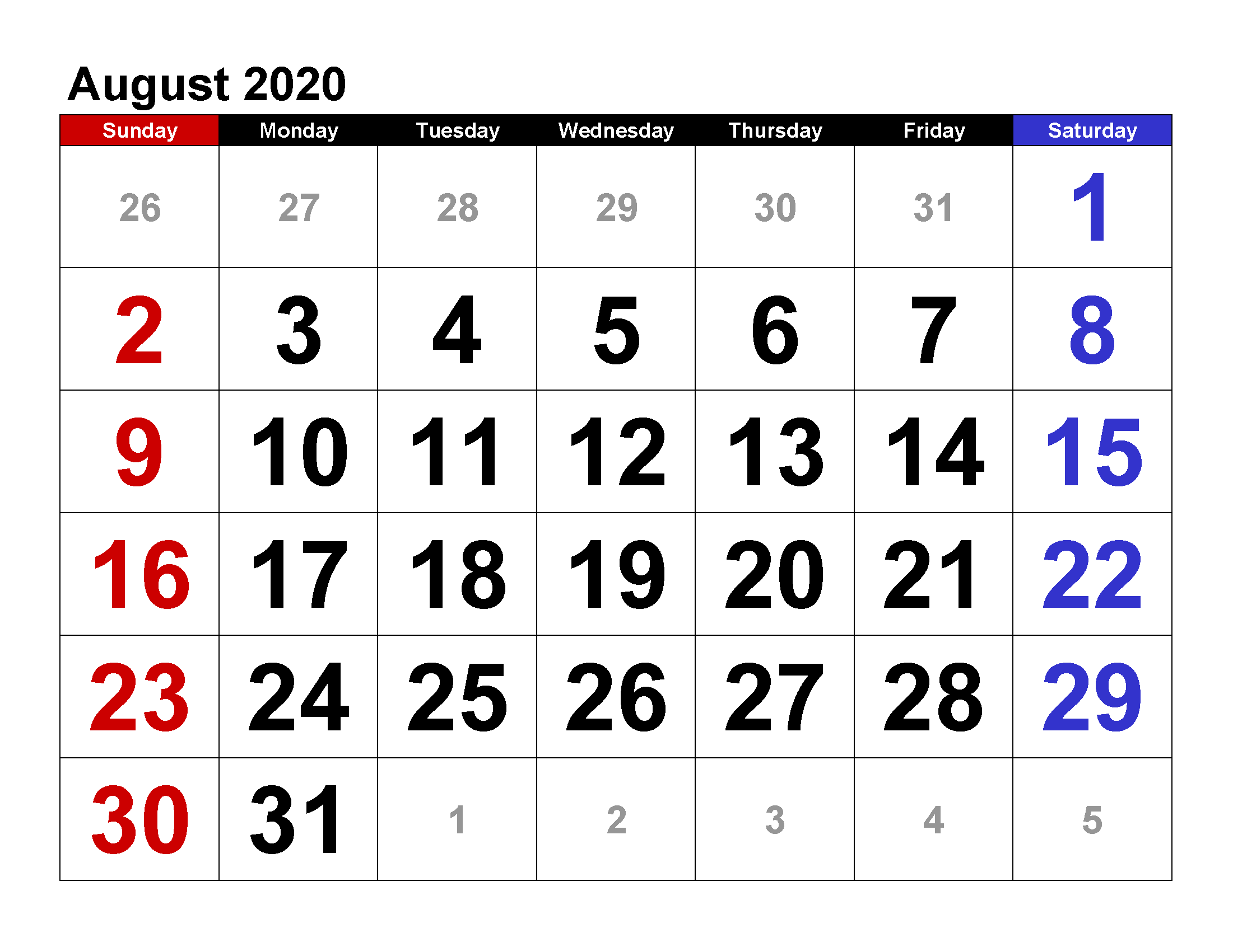 Printable Calendar Template August 2020 Calendar large numerals