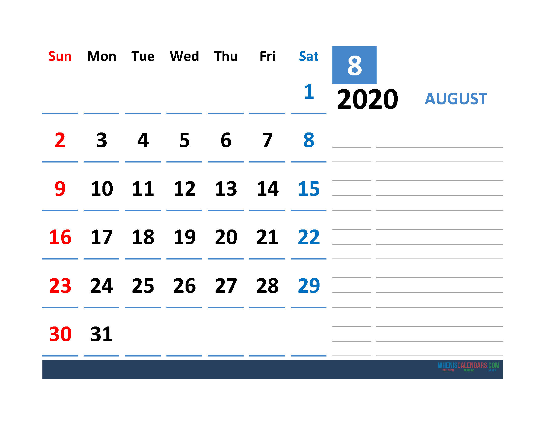 Printable Calendar Template August 2020 Calendar with space for notes