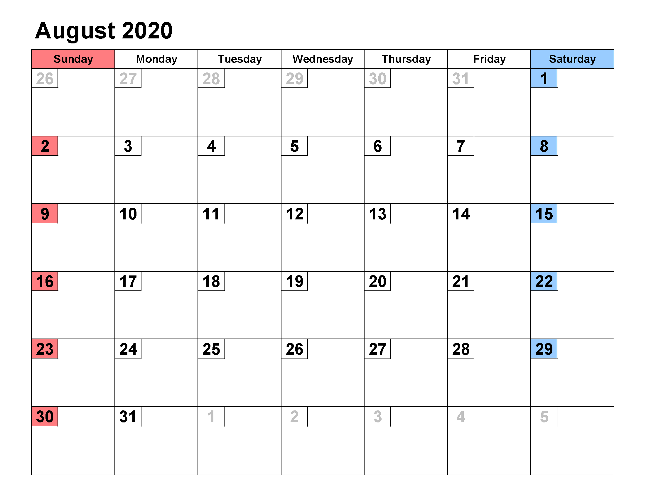 Printable Calendar Template August 2020 Calendar small numerals
