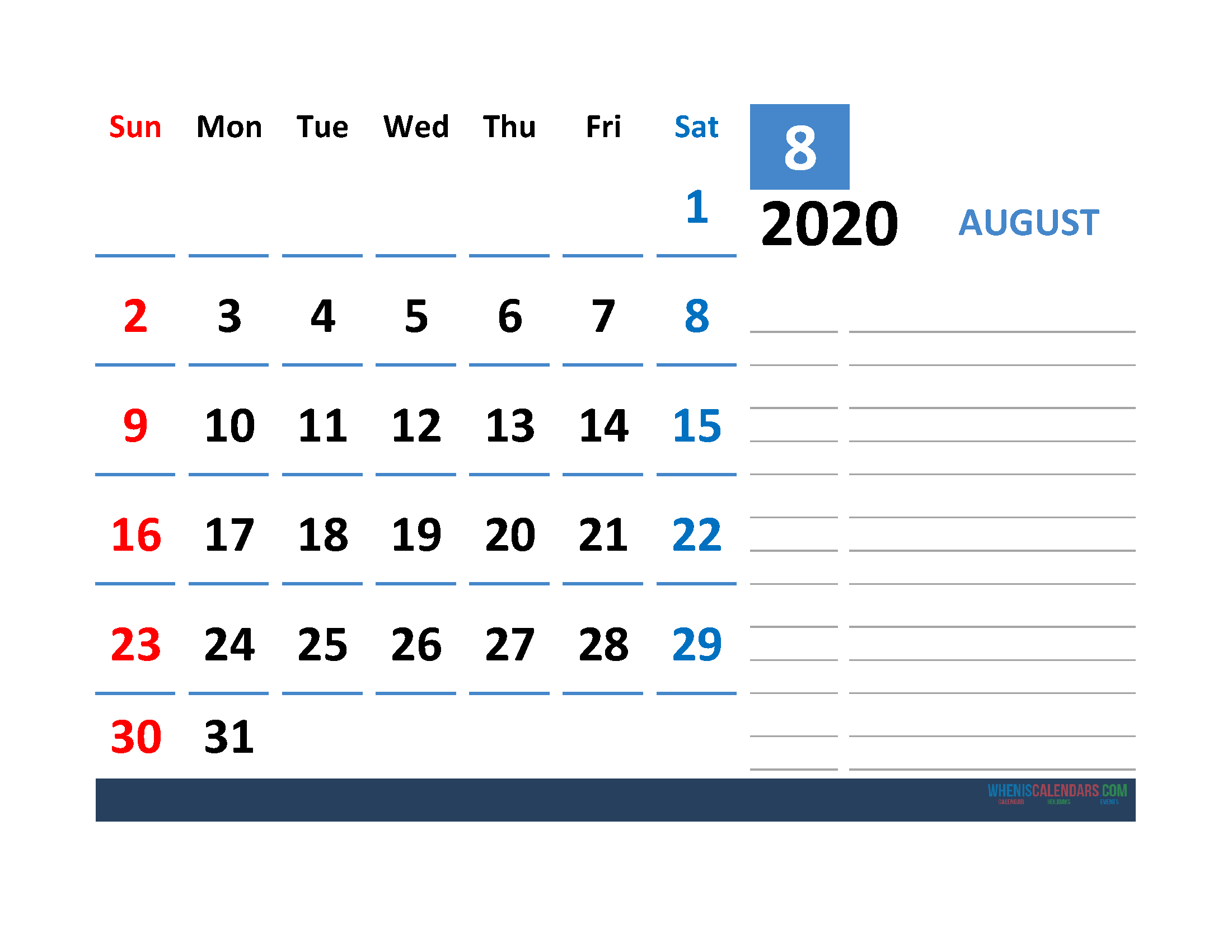 Printable Calendar Template August 2020 Calendar with Holidays