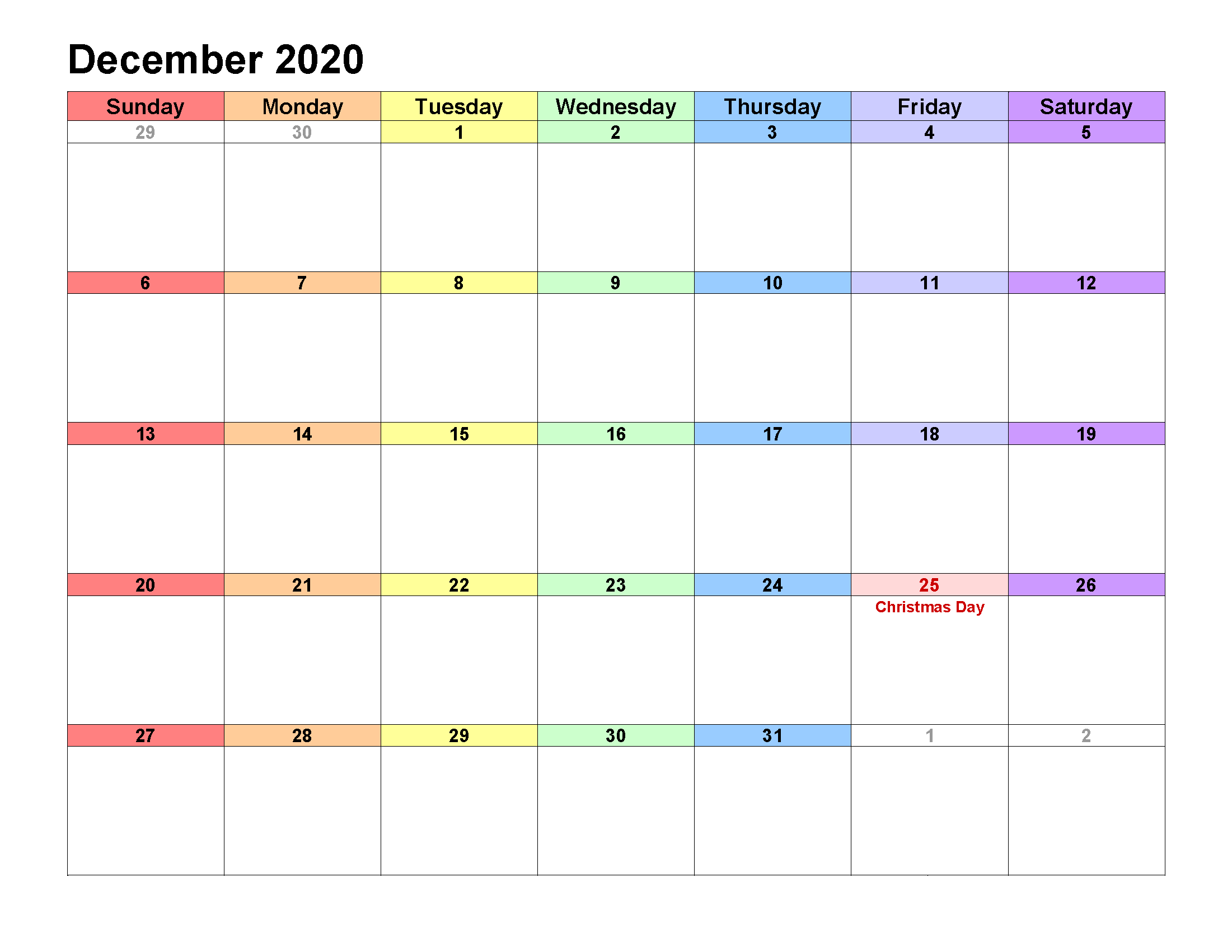 Printable Calendar Template December 2020 Calendar landscape
