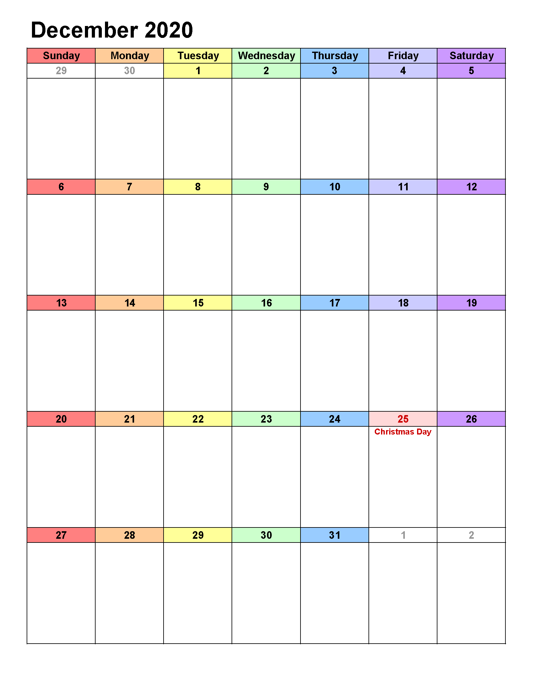 Printable Calendar Template December 2020 Calendar portrait