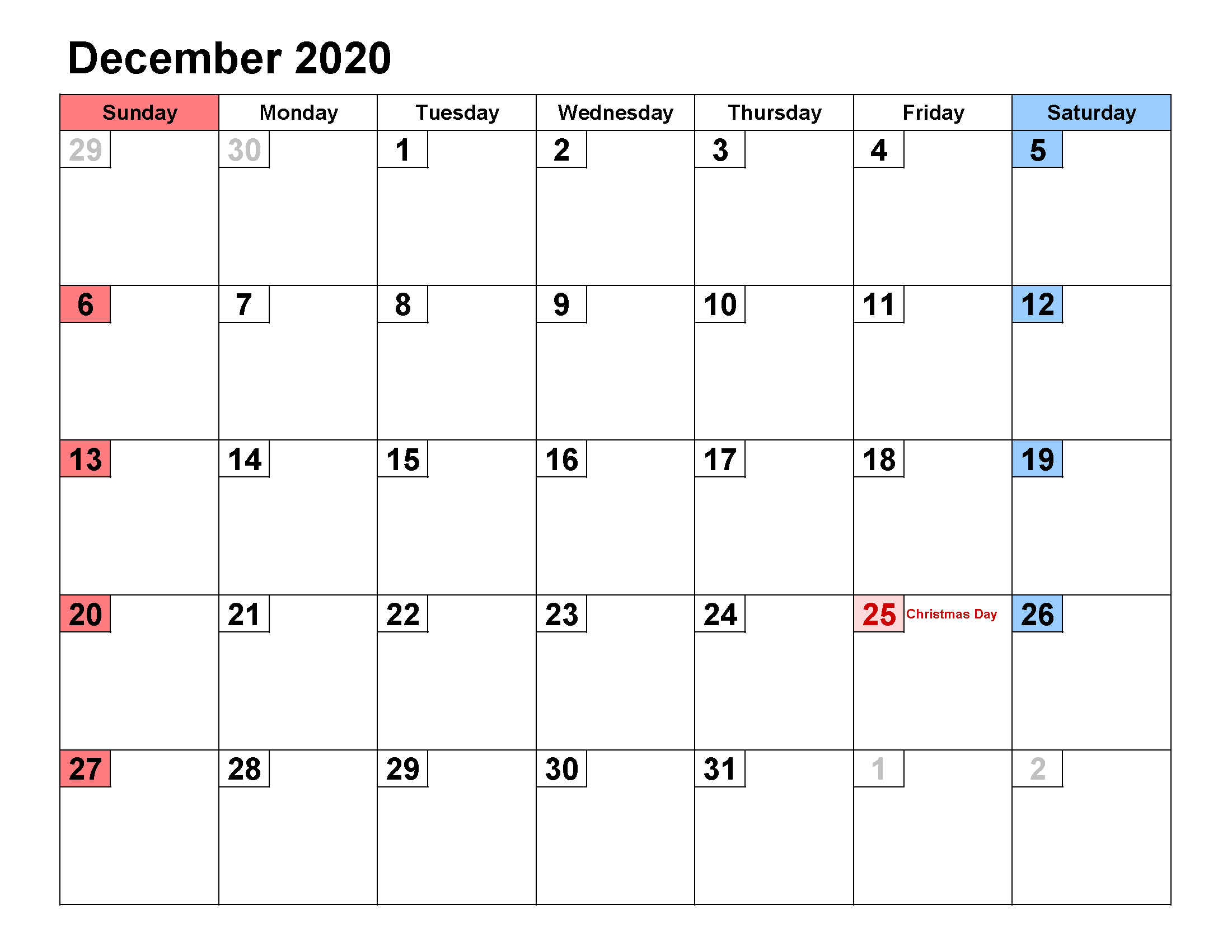 Printable Calendar Template December 2020 Calendar small numerals