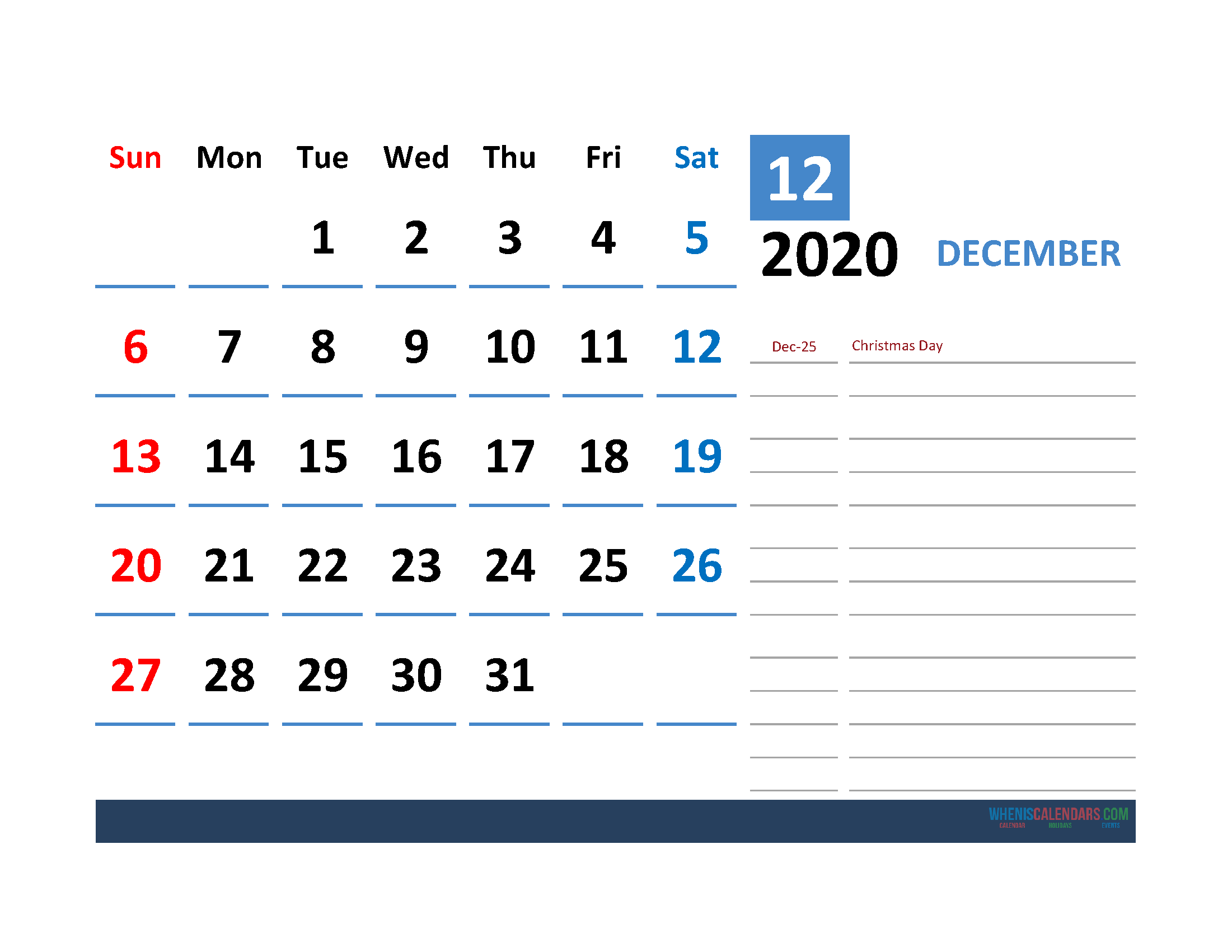 Printable Calendar Template December 2020 Calendar with Holidays