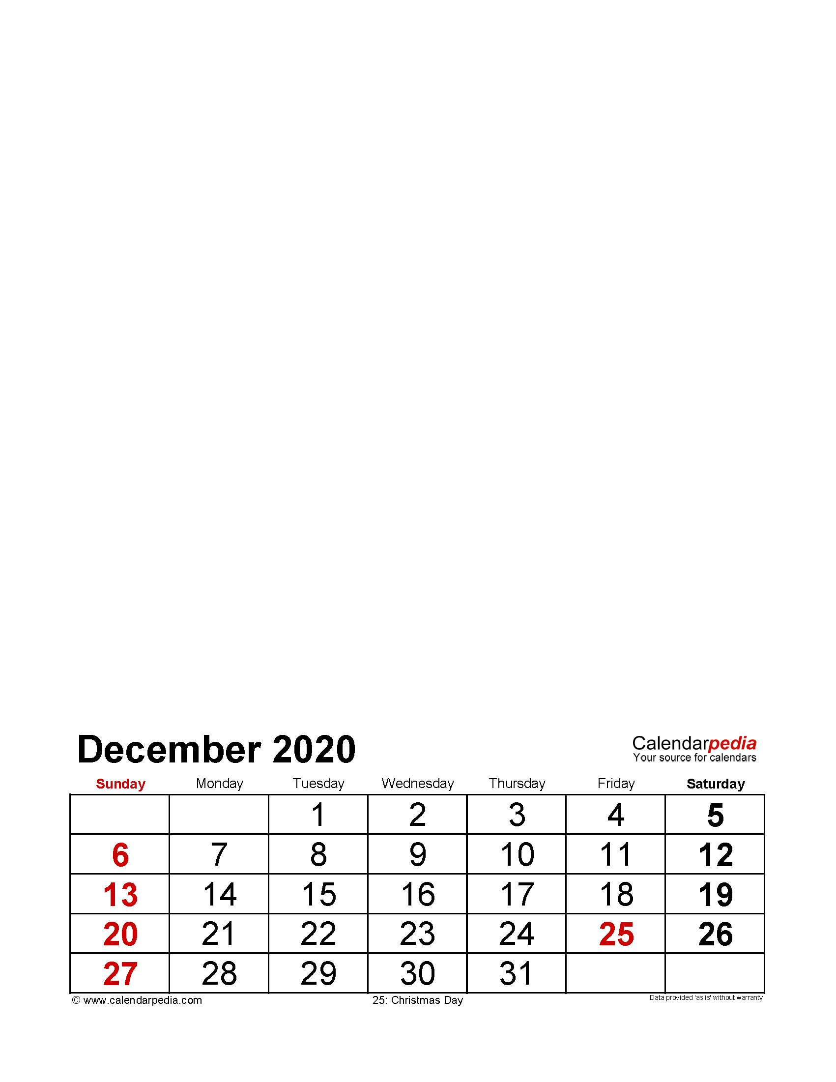 Printable December 2020 Photo Calendar with Holidays Large Numerals