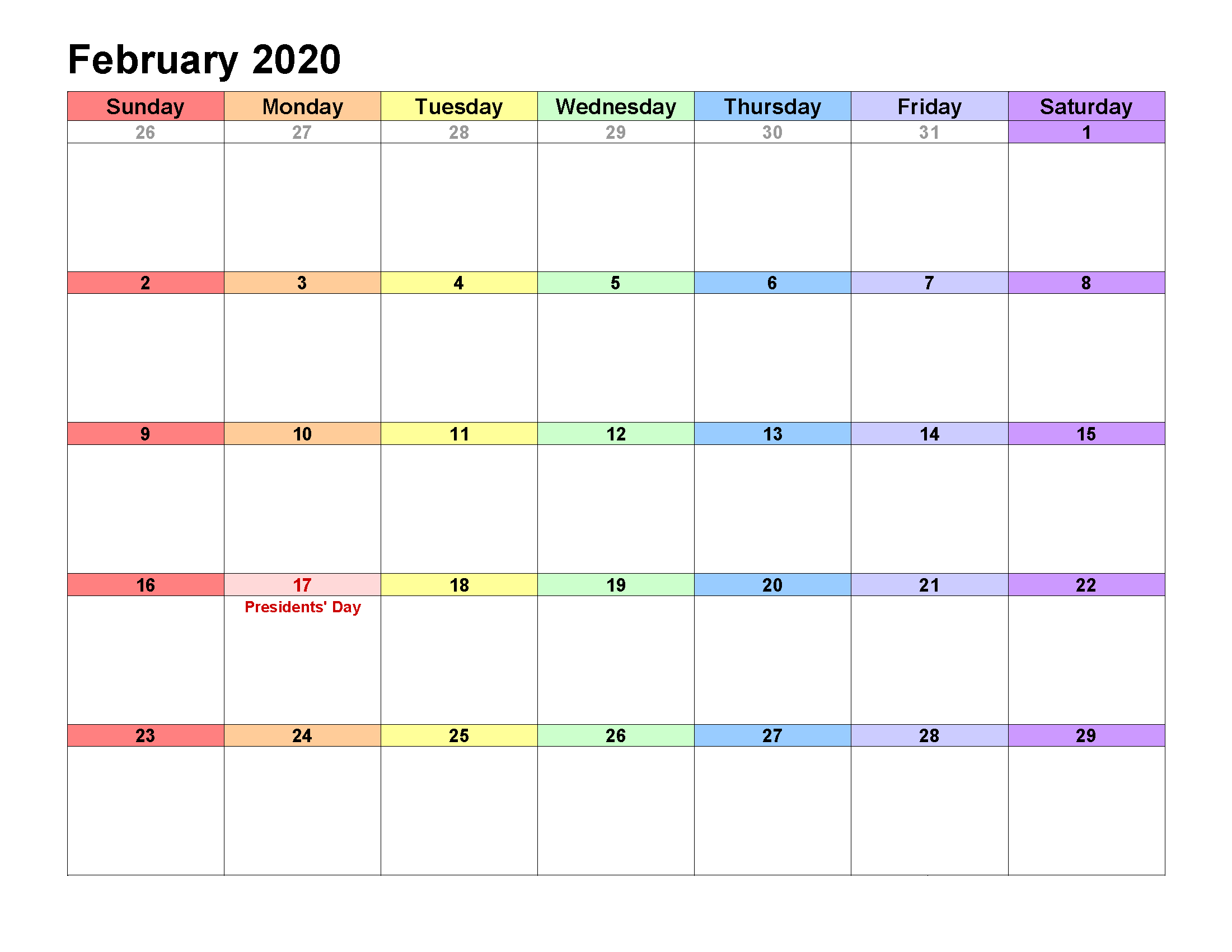 Printable Calendar Template February 2020 Calendar landscape