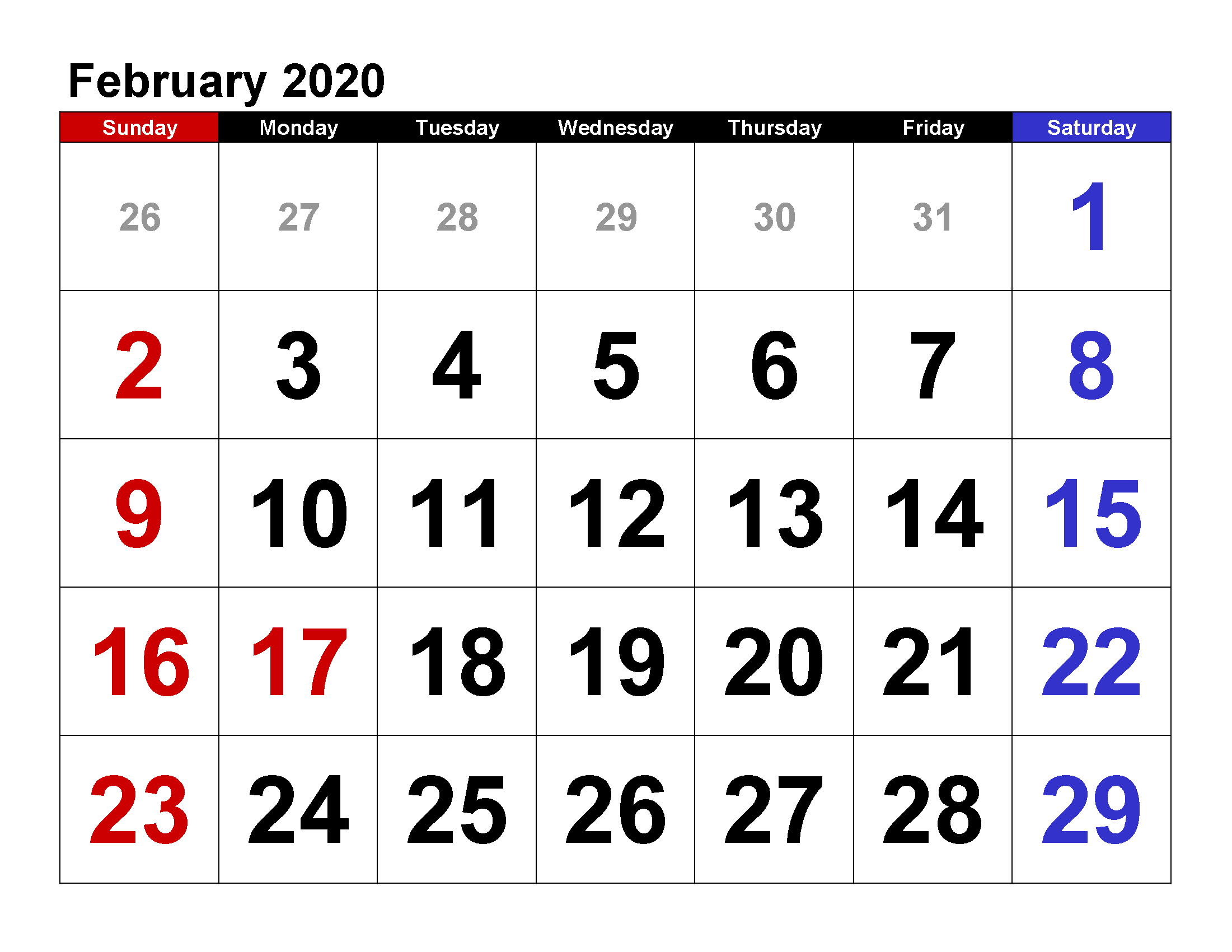 Printable Calendar Template February 2020 Calendar large numerals