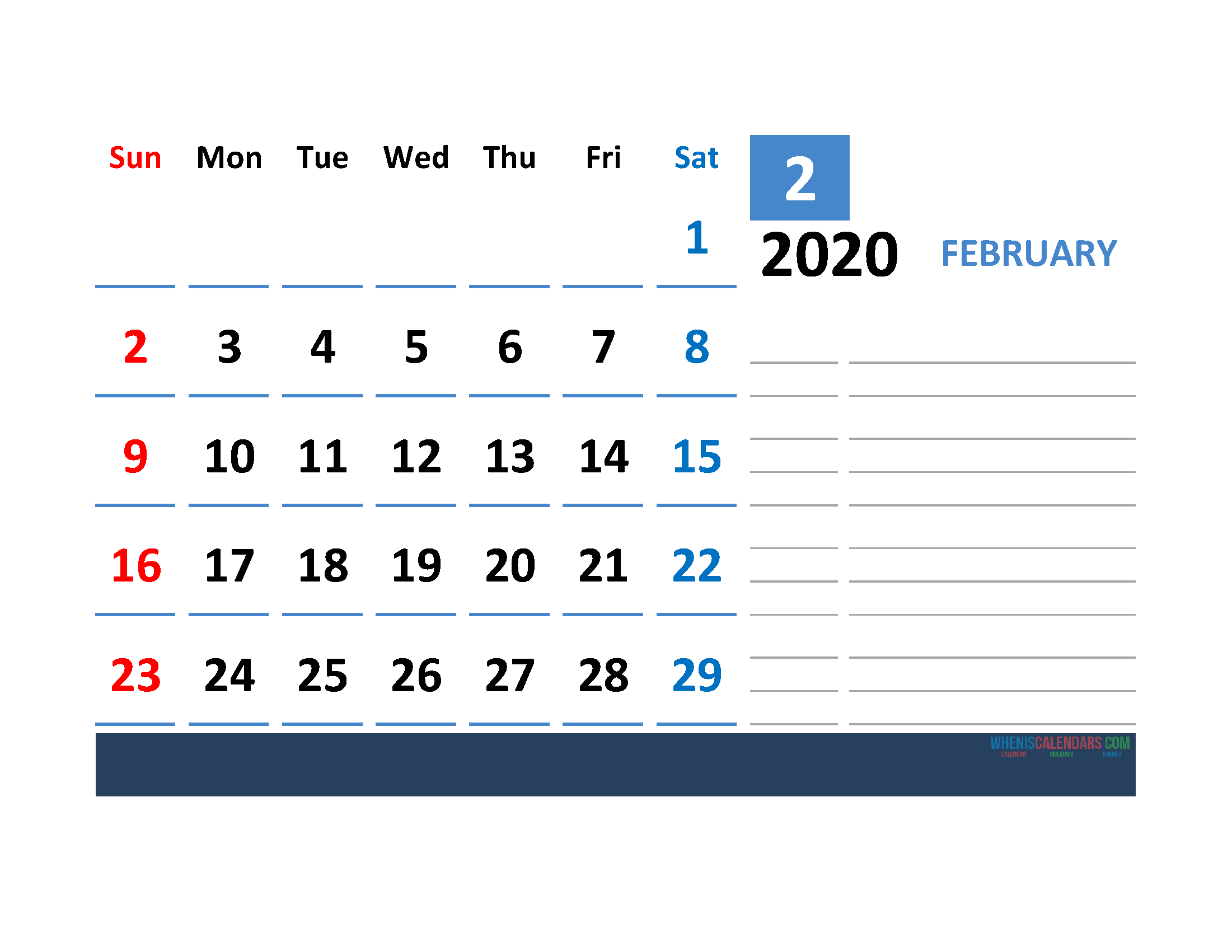 Printable Calendar Template February 2020 Calendar with space for notes