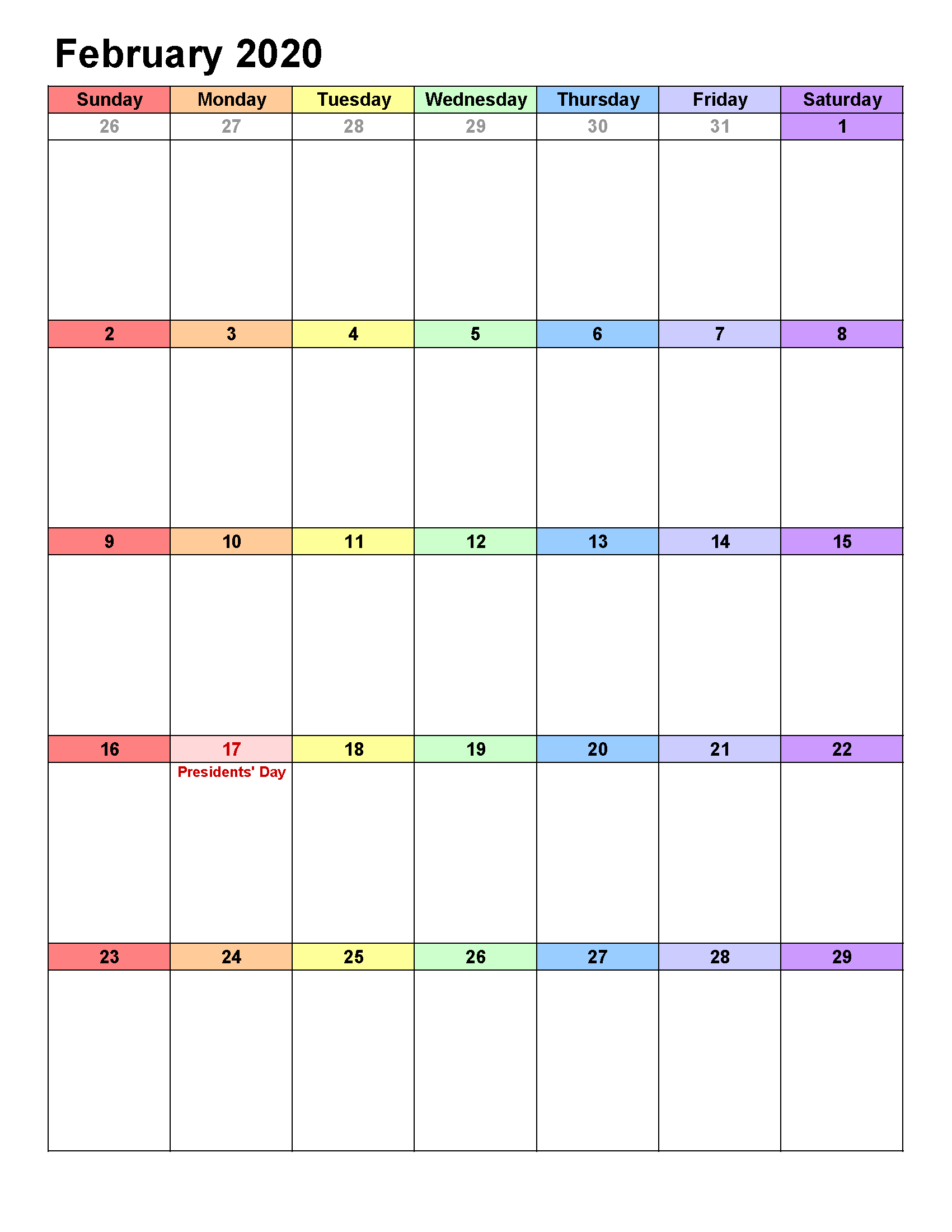 Printable Calendar Template February 2020 Calendar portrait