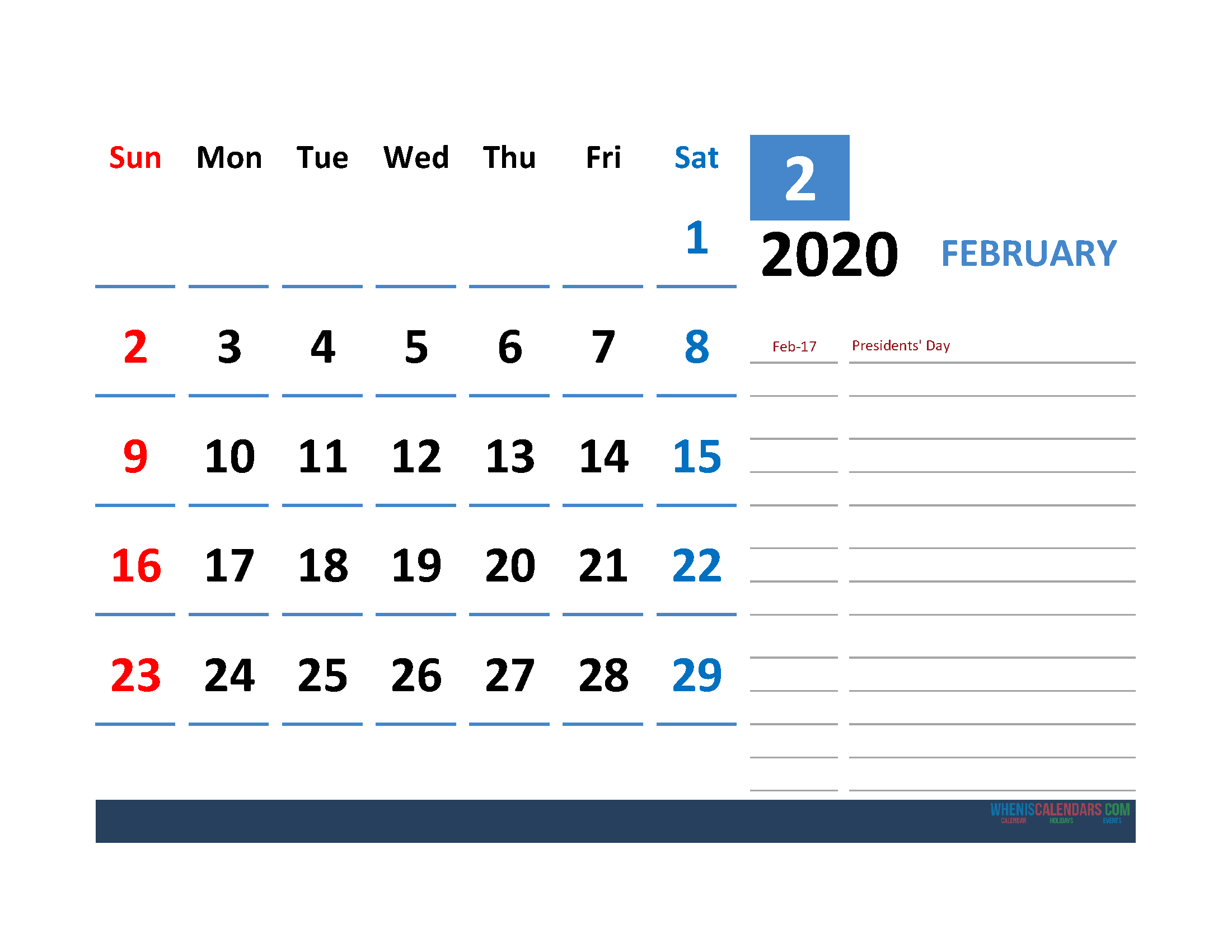 Printable Calendar Template February 2020 Calendar with Holidays