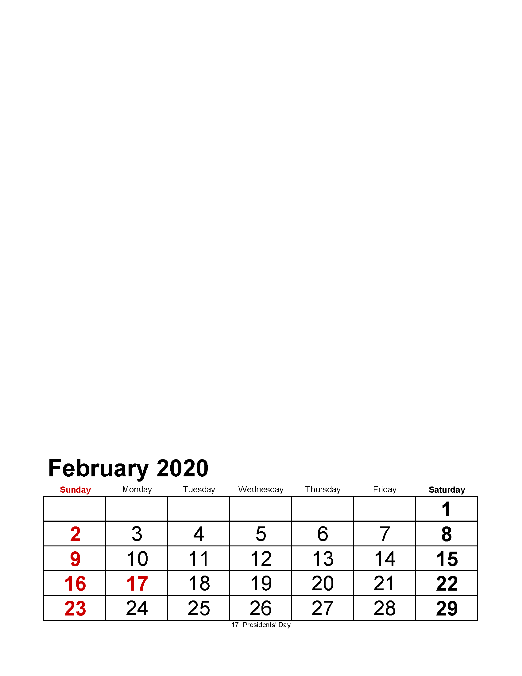Printable February 2020 Photo Calendar Holidays Large Numerals