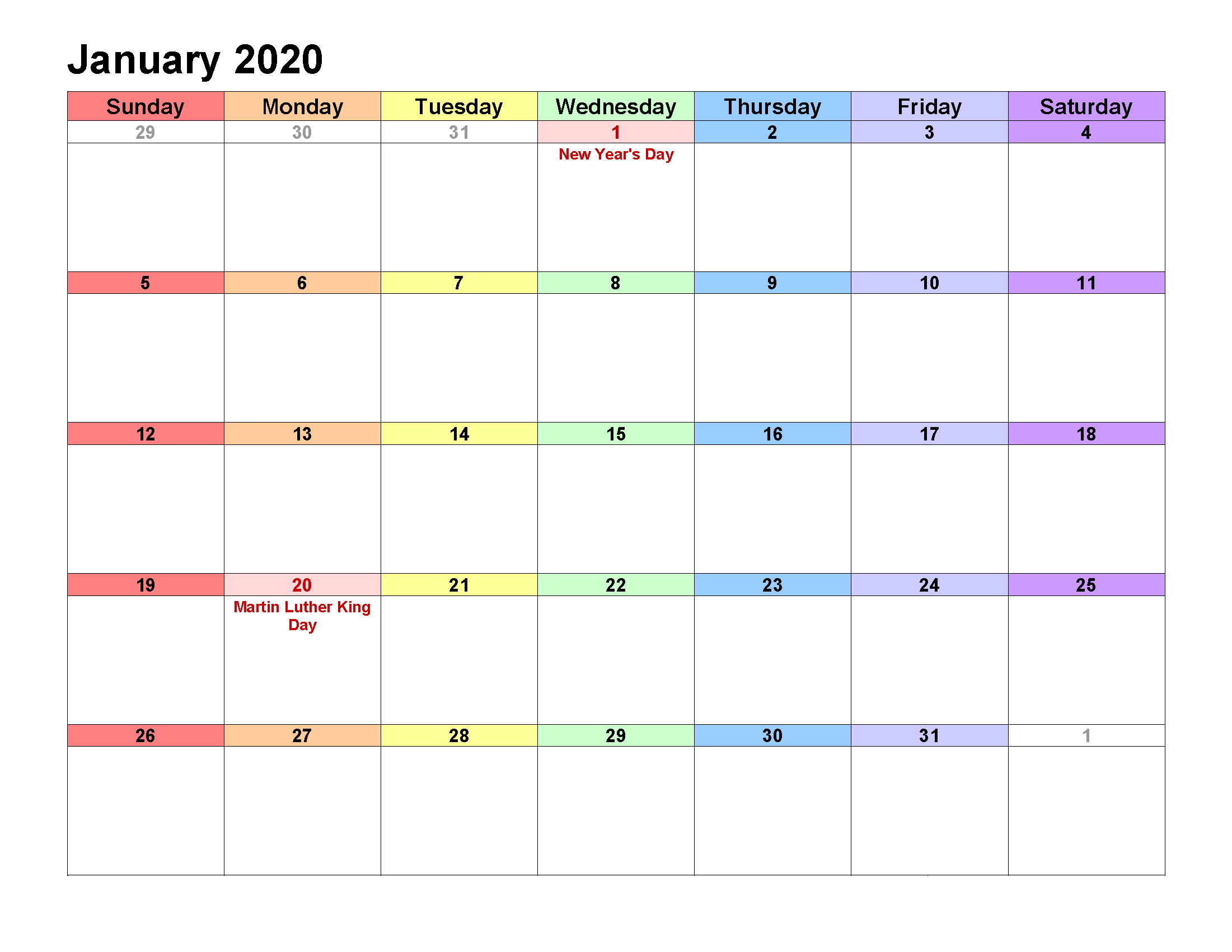 Printable Calendar Template January 2020 Calendar landscape