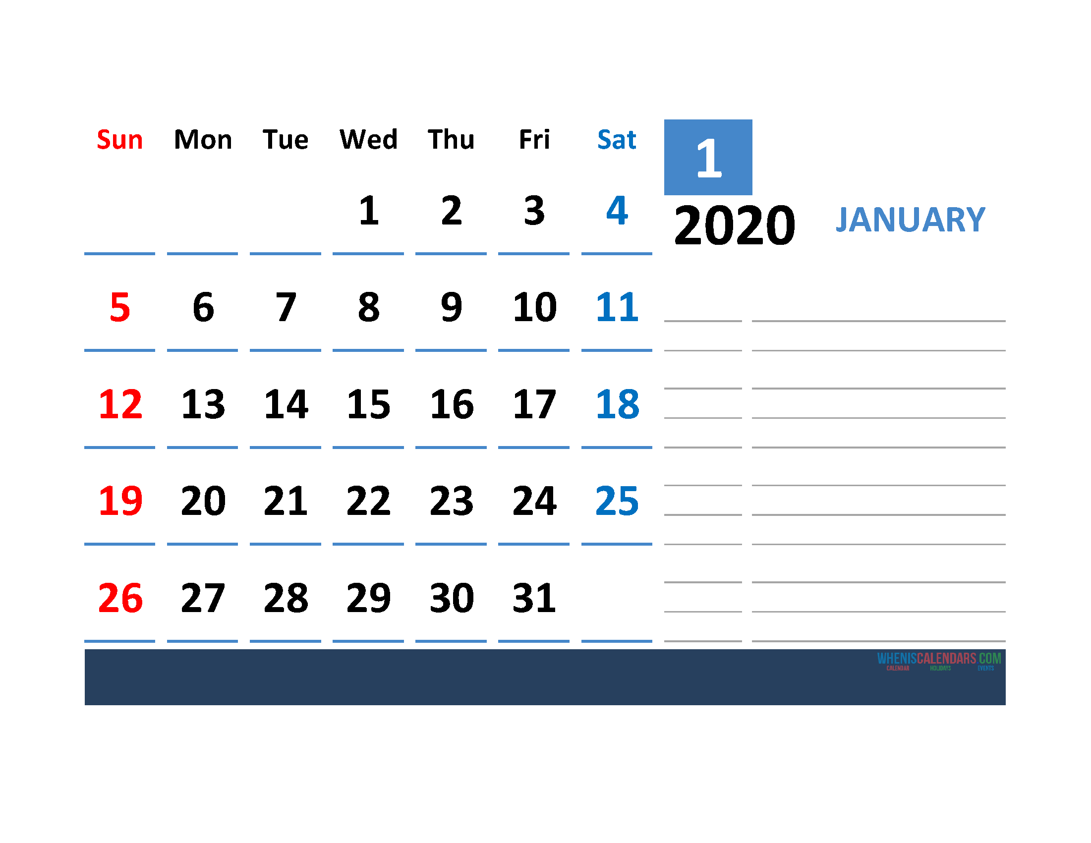Printable Calendar Template January 2020 Calendar with space for notes