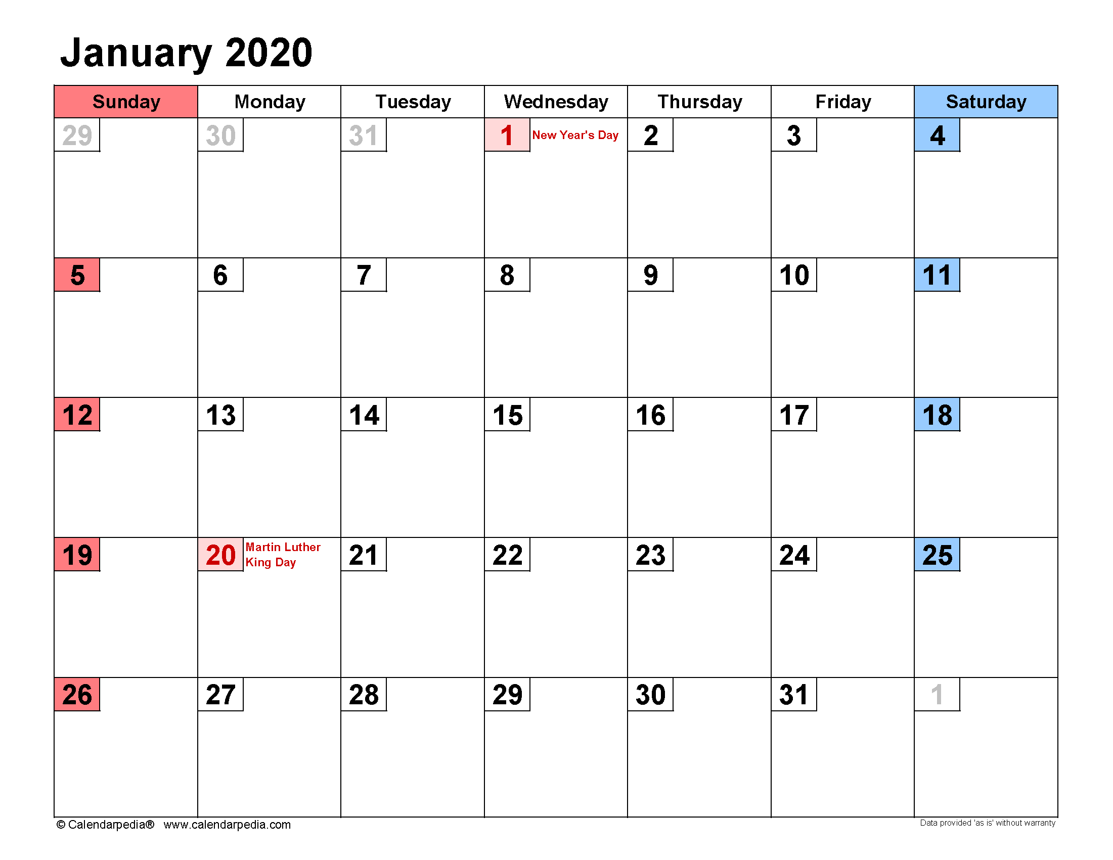 Printable Calendar Template January 2020 Calendar small numerals