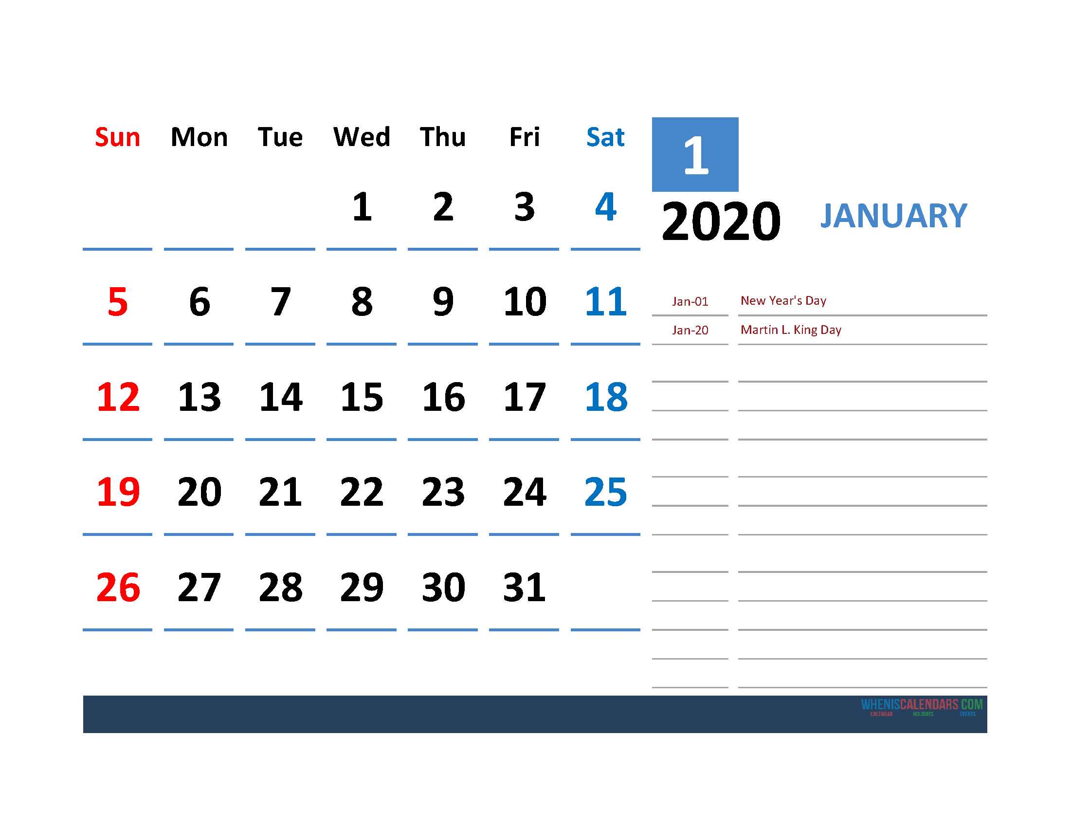 Printable Calendar Template January 2020 Calendar with Holidays