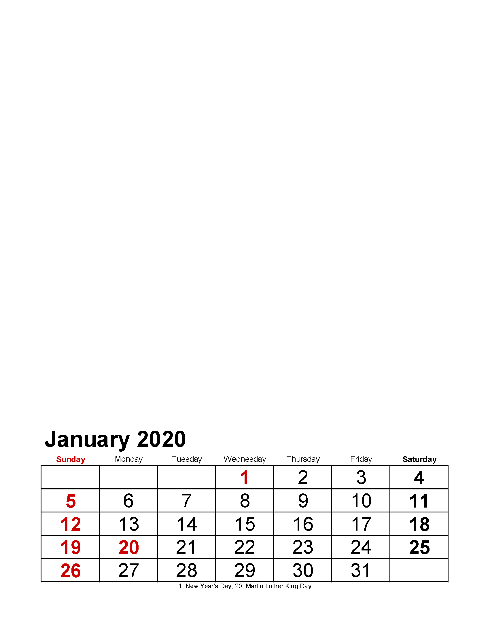 Printable January 2020 Photo Calendar with Holidays Large Numerals