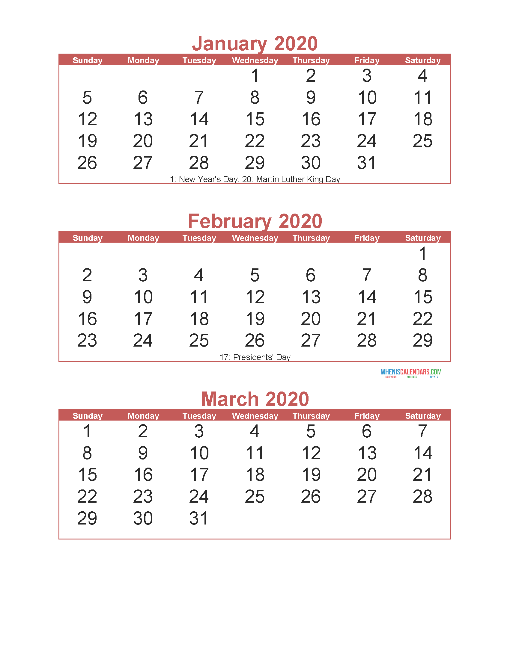 3 Month Calendar 2020 Printable Jan Feb Mar