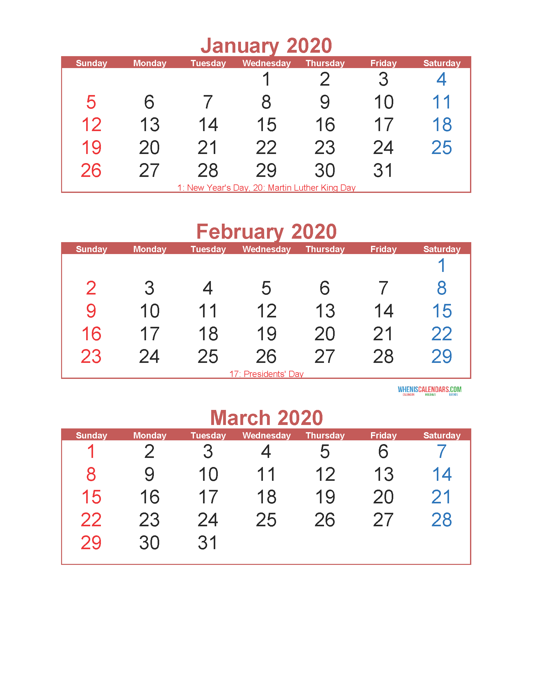 3 Month Calendar 2020 Printable January February March