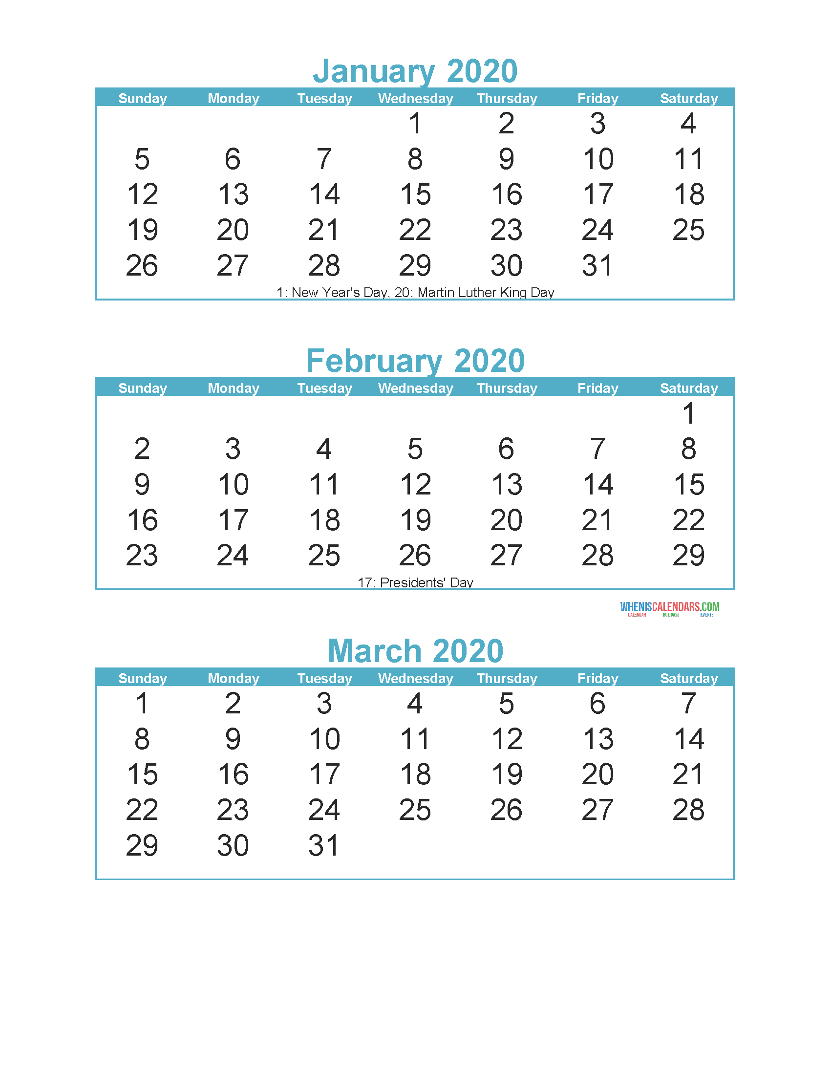 Jan Feb Mar 2020 Calendar 3 Months Per Page